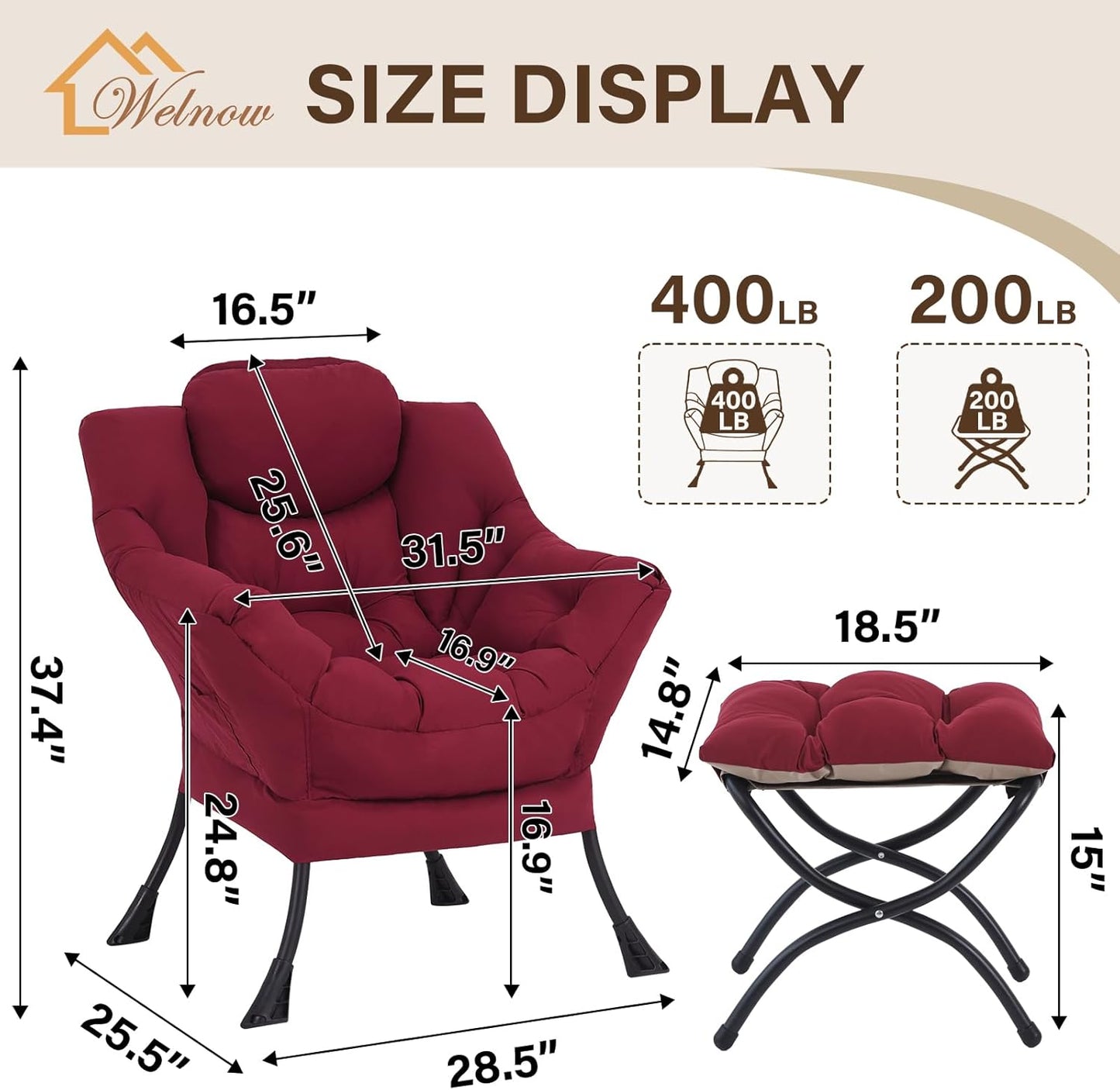 Welnow Lazy Chair with Ottoman, Modern Accent Chair with Armrests and a Side Pocket, Leisure Sofa Armchair, Reading Armchair with Footrest for Small Space, Burgundy