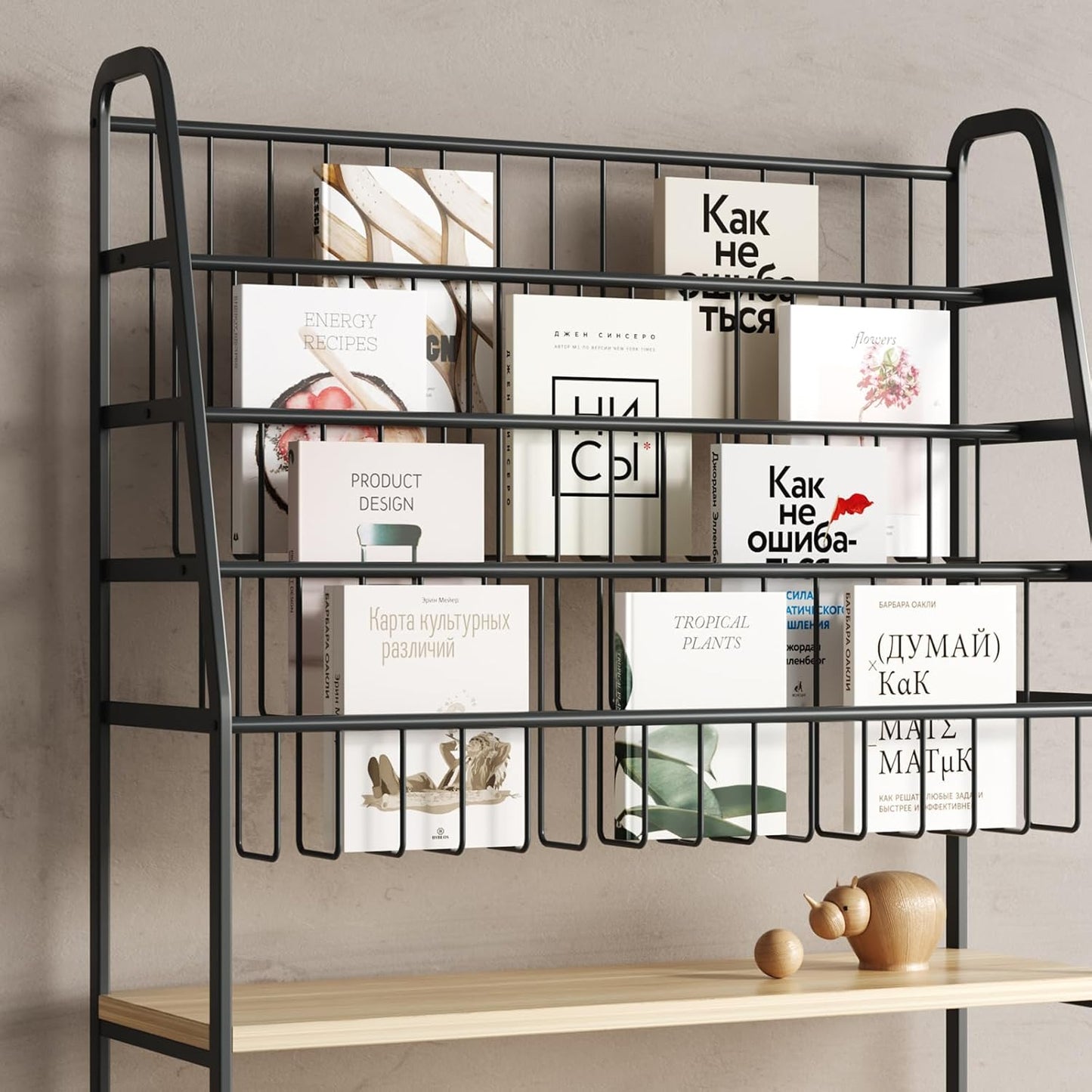 Bookshelf for Kids,Modern Magazine Rack Floor,Freestanding Bookcase for Books,Kids Picture Books,CD DVD & Vinyl Record Storage,Metal Display Shelf with Wooden Shelves(Black, L:31.5")