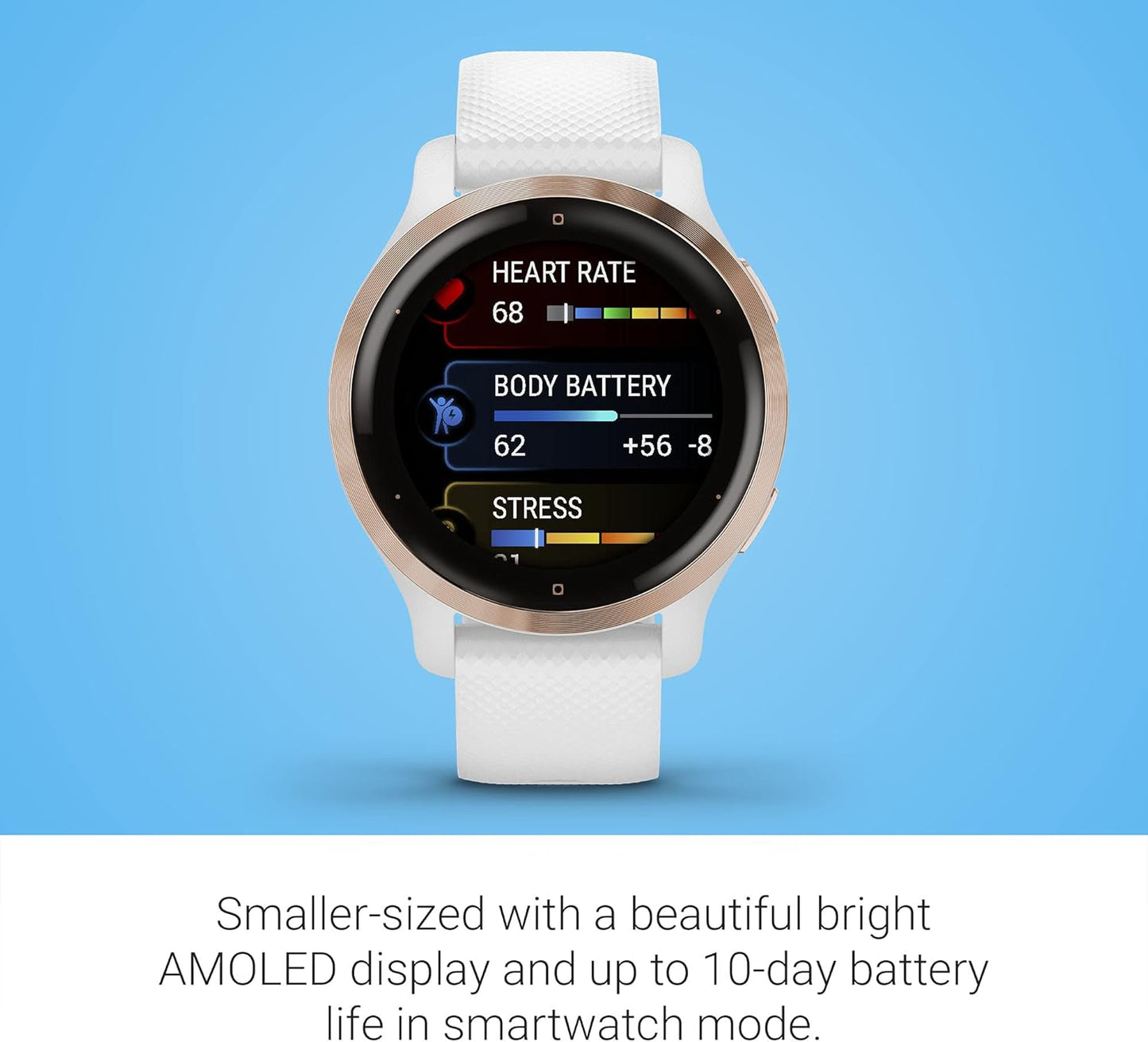 Garmin Venu 2S, Smaller-Sized GPS Smartwatch with Advanced Health Monitoring and Fitness Features, Rose Gold Bezel with White Case and Silicone Band, (010-02429-03)