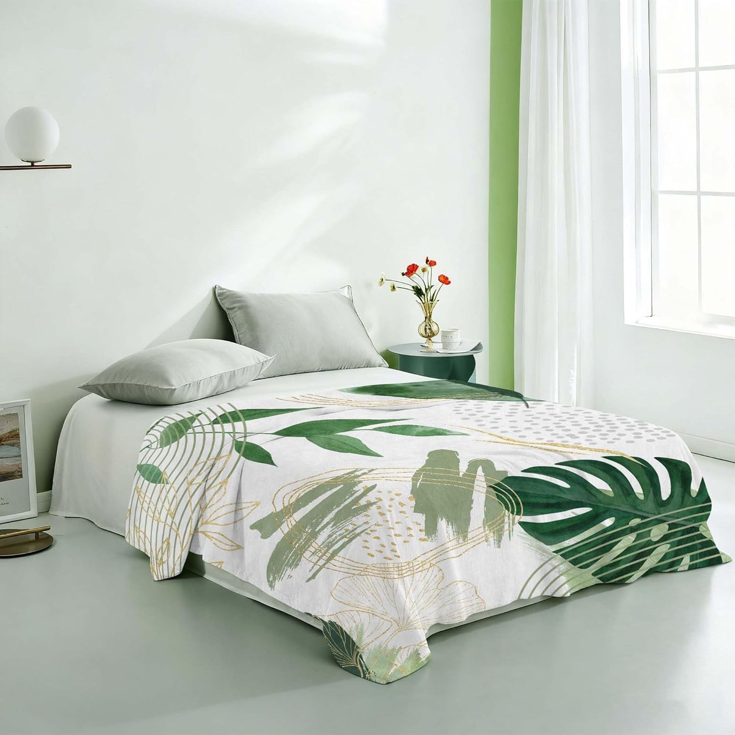 Sage Green Leaf Twin Blanket Mid-Century Green and Gold Boho Flannel Blankets for Bed Living Room Sofa, Decorative Patterned Super Soft Cozy, 60x80 in