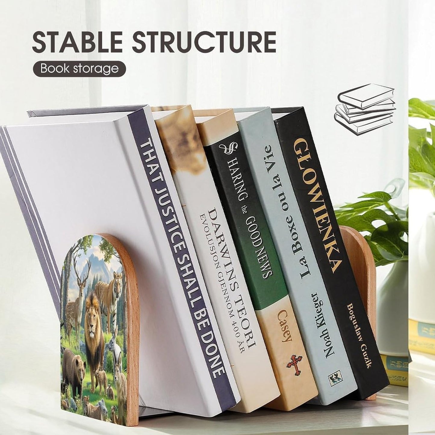 Wild Animals Bookends 1 Pair Heavy Duty Book Ends for Shelves Non-Skid Bookend Supports Wooden Book Holders with Metal Base Desk Organizers Books Storage to Hold Books