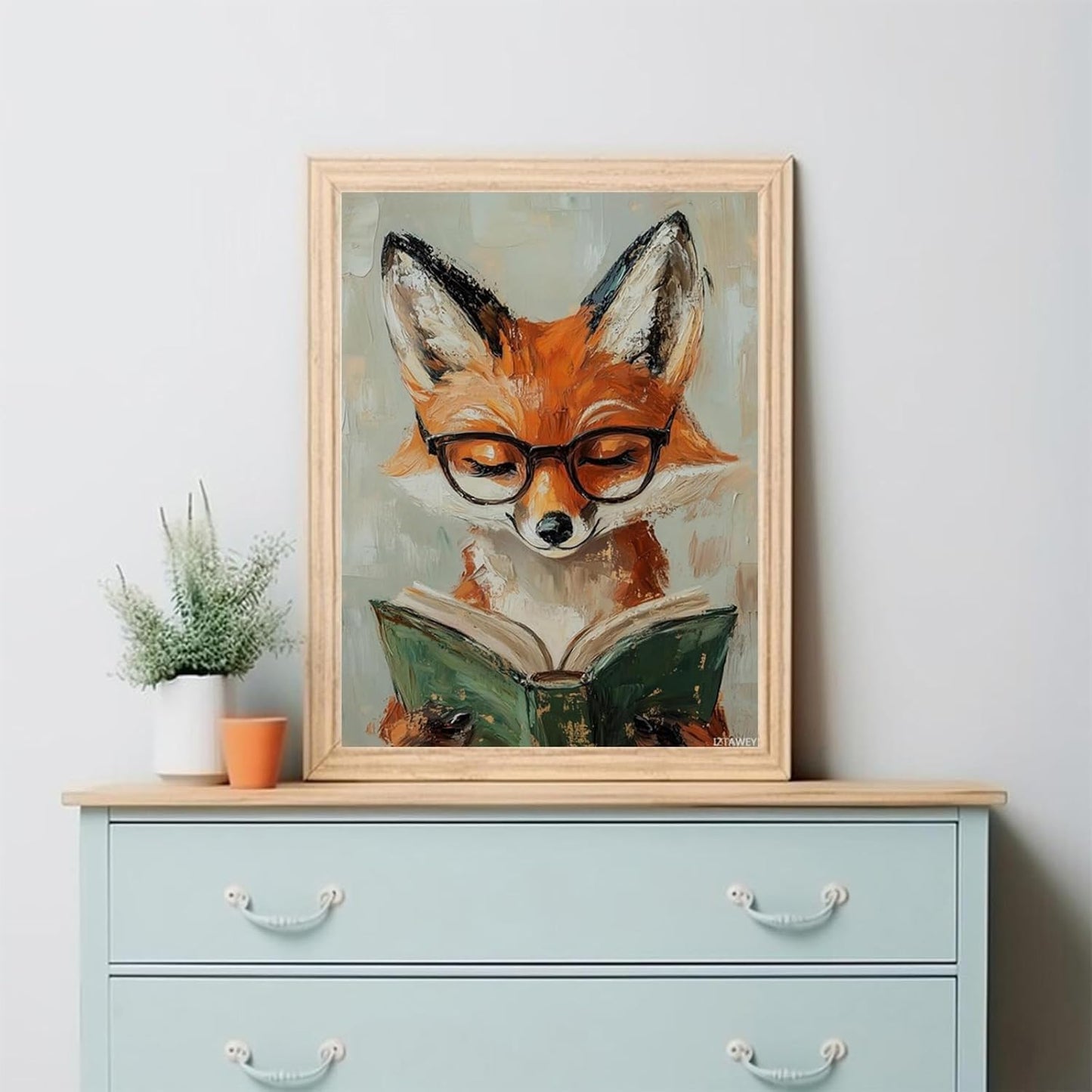 IZTAWEY Cute Fox Reading Book Retro Rustic Poster Wall Art Canvas Print Artwork Aesthetic Picture Painting Room Decor for Living Room Office Bedroom Wall Art Decortion Unframed 12x16inch
