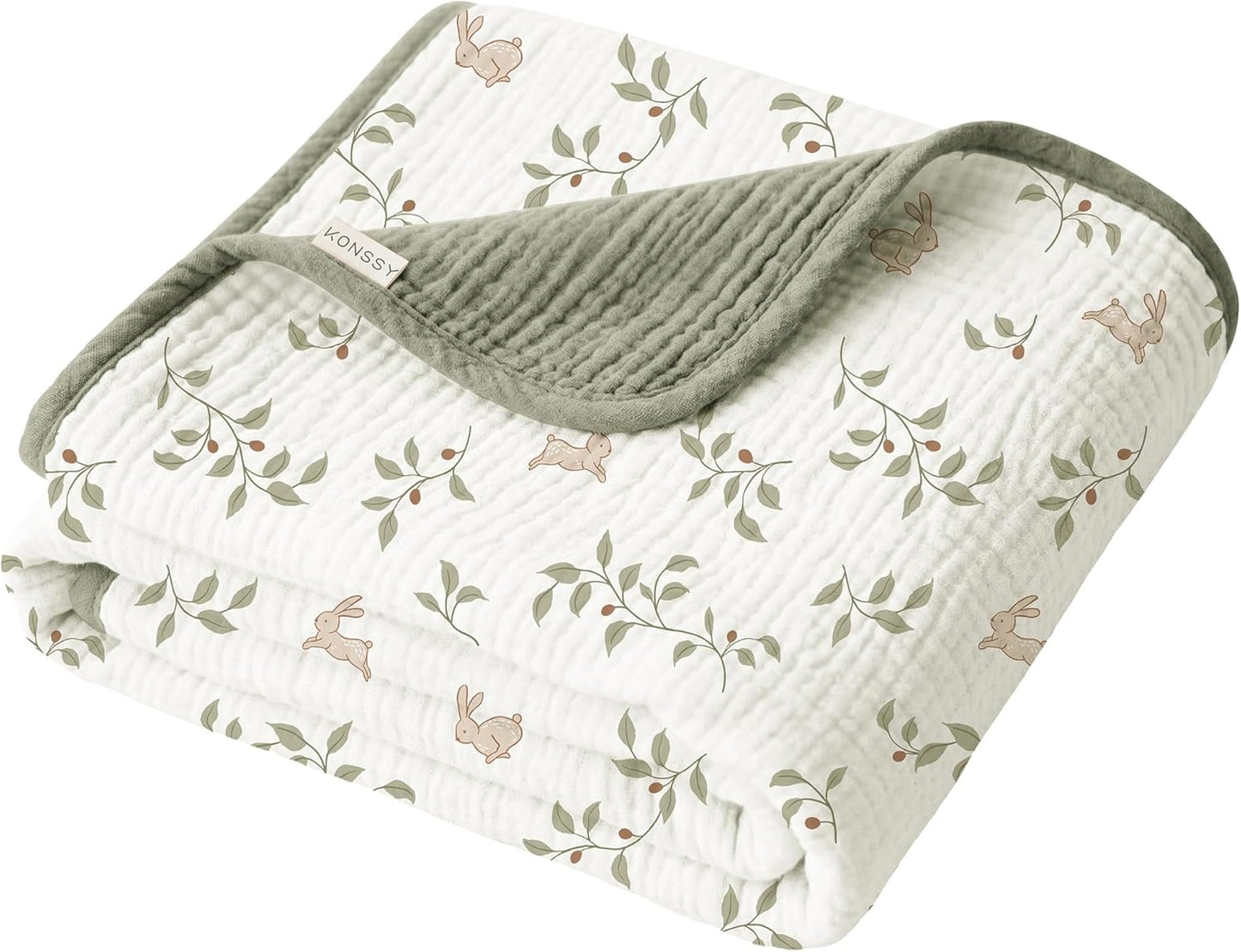 Konssy Muslin Baby Blankets for Girls Boys, 100% Cotton Crib Blanket for Baby Infant Toddler, Super Soft and Lightweight Nursery Blankets 40"x36"（Rabbit