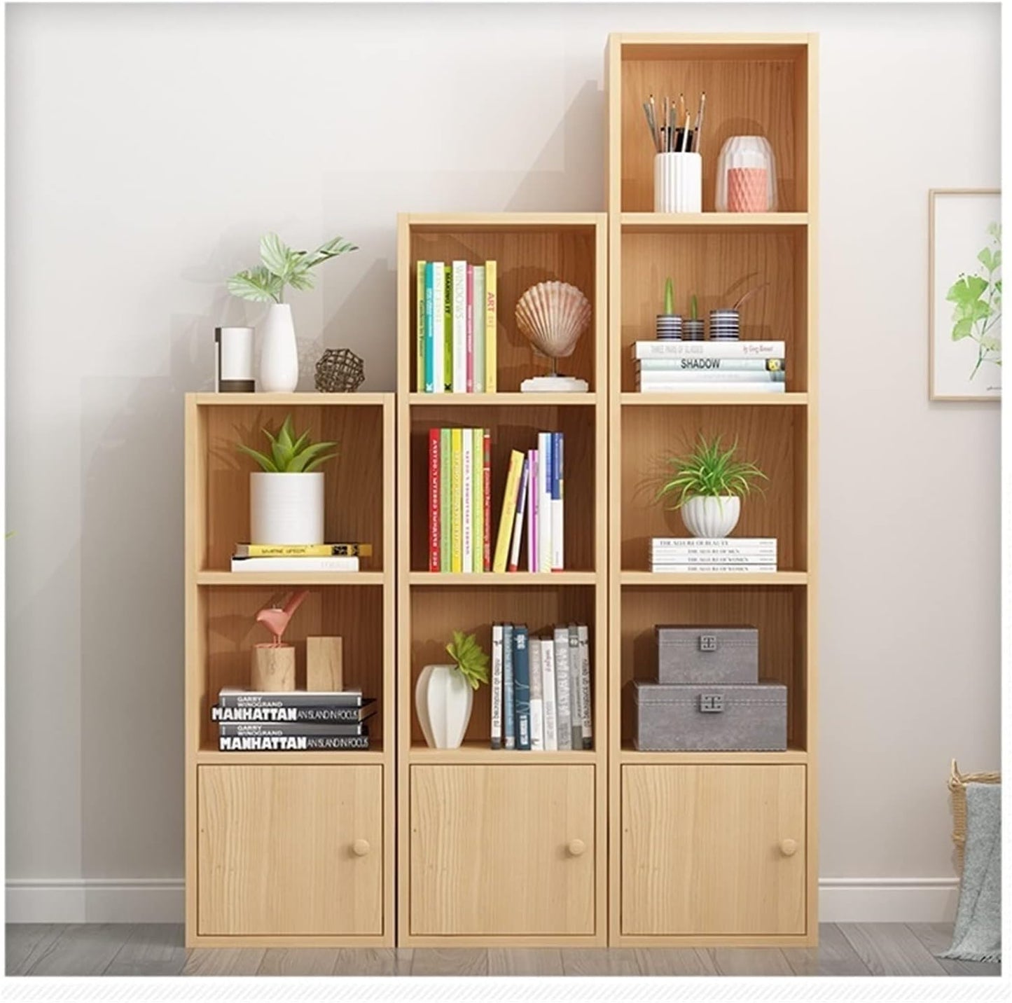 Bookshelf Landing Simple Storage Narrow Slit Small Bookcase, Simple Locker Shelf for Living Room Bedroom (Color : 33x24x188cm Beech Color) (33x24x126cm Beech Door Beech)