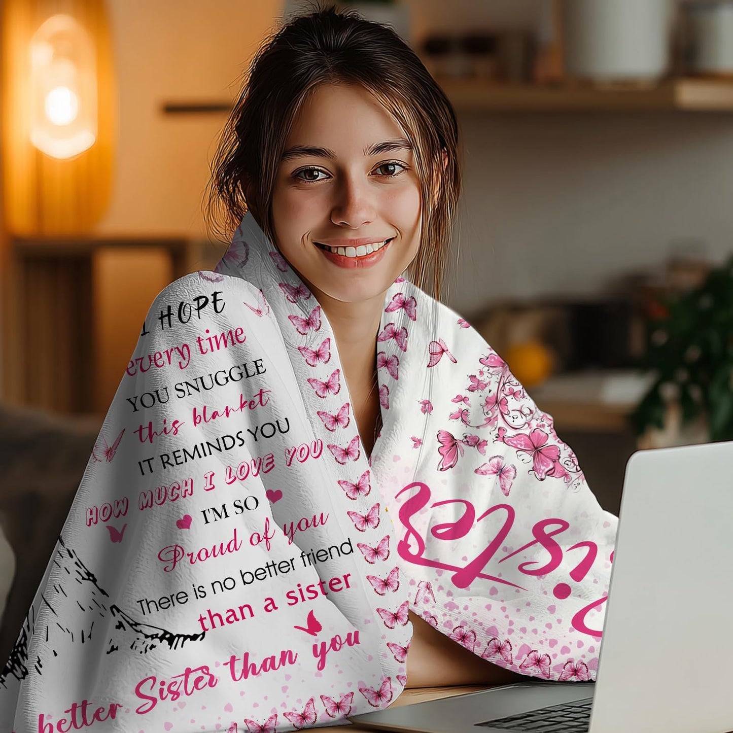Sisters Gifts from Sister, Super Soft Funny Pink Butterfly Sisters Blanket for Little Girl, Christmas Birthday Gifts for Sister, Warm Cozy Fuzzy Plush Flannel Throw Blanket 60"x50" for Couch Bedding