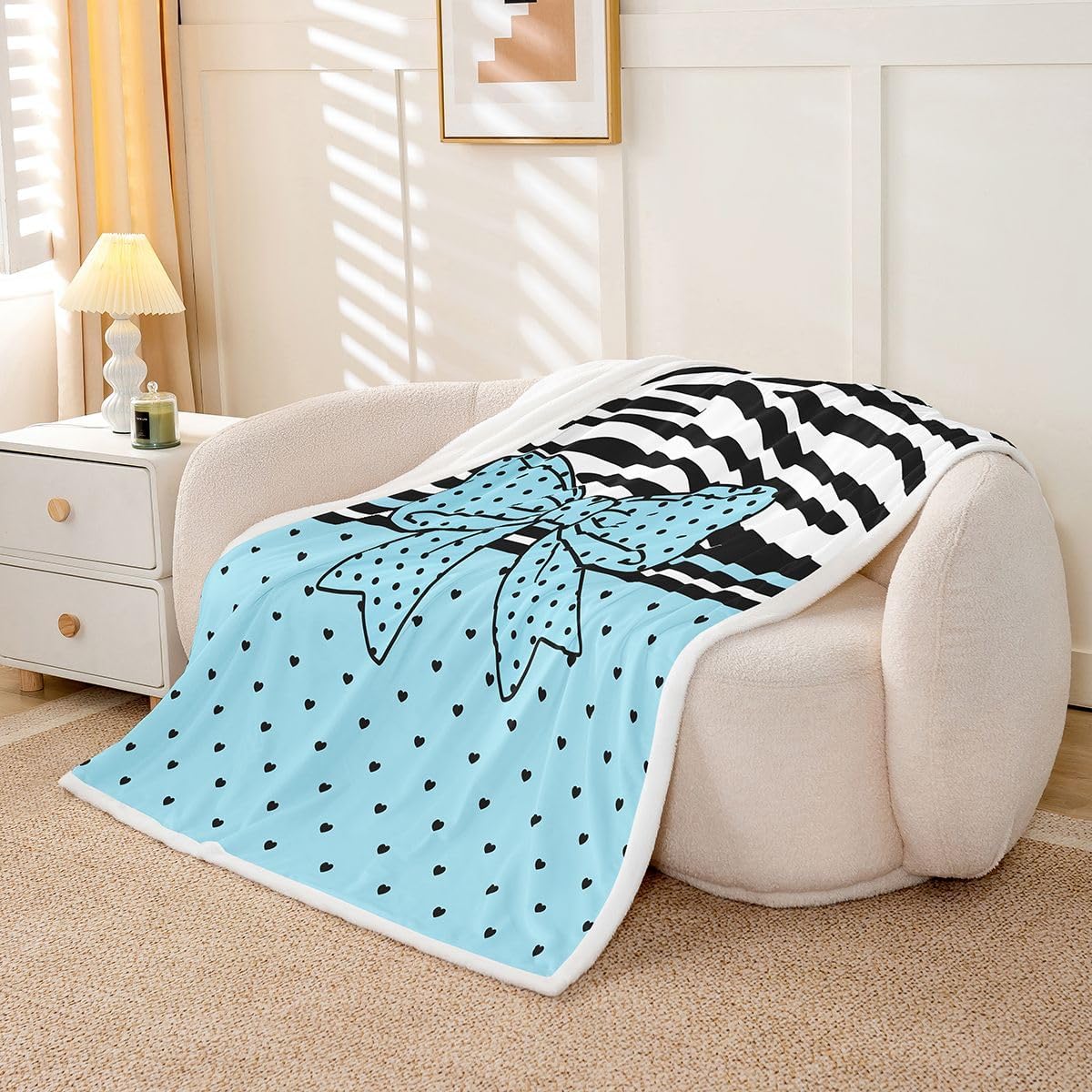 Feelyou Blue Bow Sherpa Throw Blanket for Couch Zebra Print Stripes Super Soft Cozy Fleece Polka Dots Blanket for Winter, Plush Throw Bow Knot Print Baby 30"x40" Decor All Season