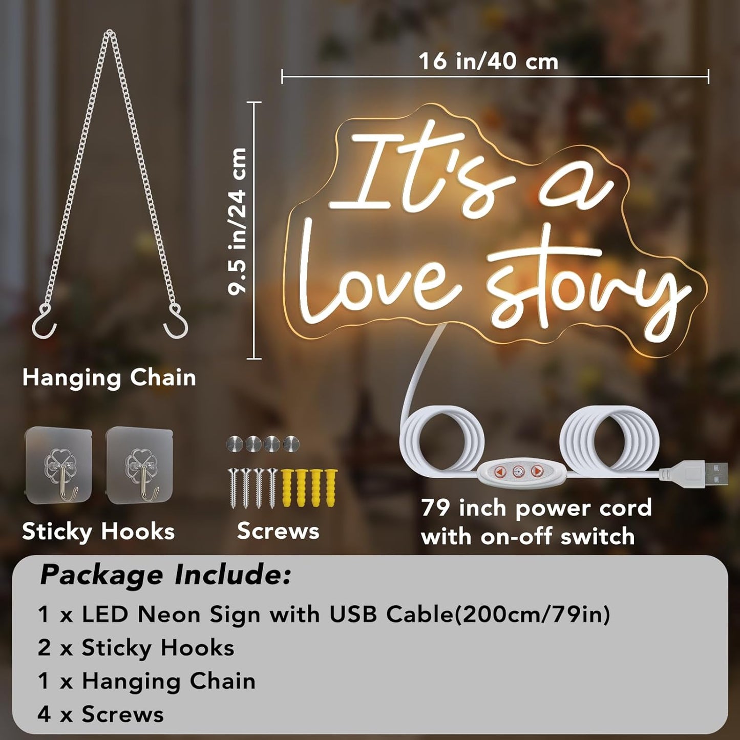 16 Inch It's a Love Story Neon Sign, Warm White Love Story LED Neon Light for Makeup Vanity, Bedroom, Office Decor, Neon Light for Valentines Day Party Backdrop, Wedding, Birthday, Anniversary Decorations Valentine's Day Gifts