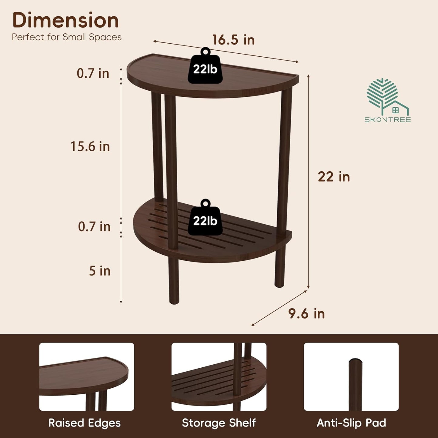 End Table, Half Moon Side Tables, Living Room Half Round 2 Tier Tables, NightStand for Small Space in Living Room Bedroom, Couch Tables with Storage Shelf, Boho Side Table (Brown)