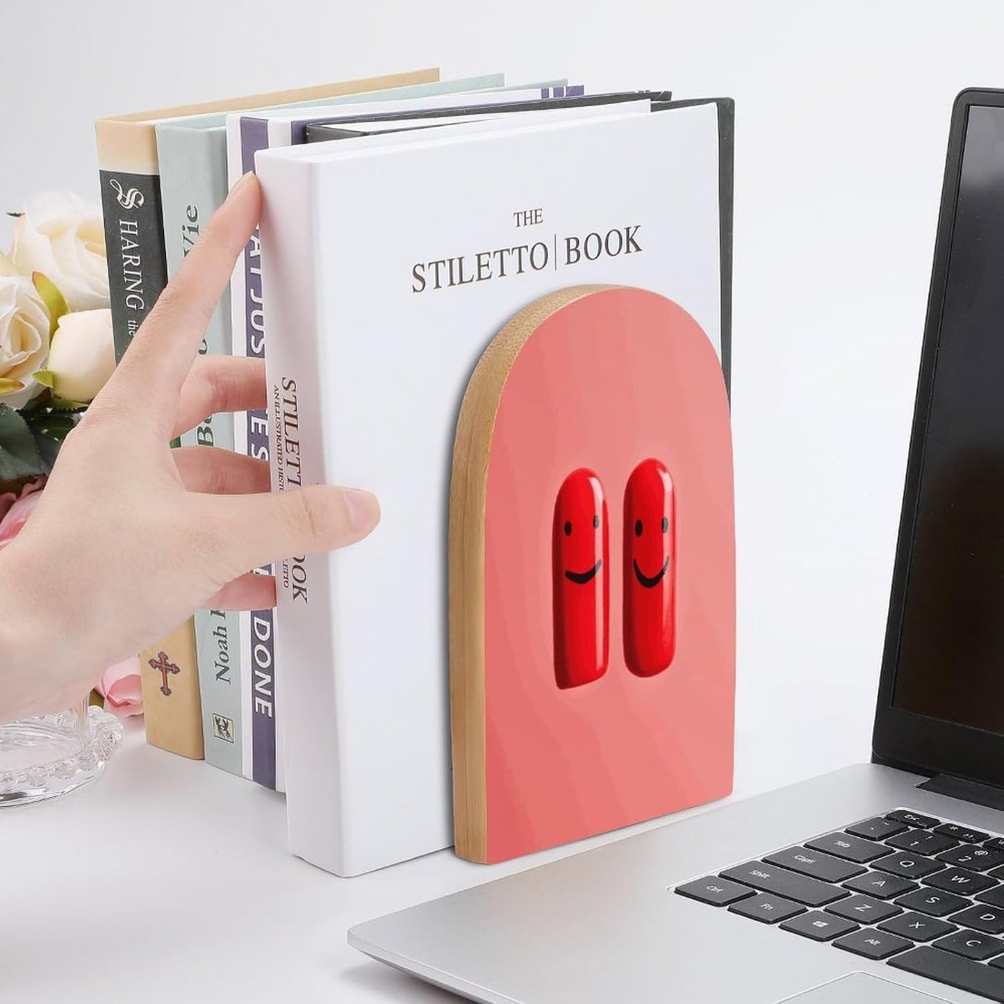 Red Smile Wooden Bookend Non-Slip Book Ends Heavy Duty Book Stopper with Metal Base Books Holderd Decorative Bookends Stands Firmly for Office Supplies