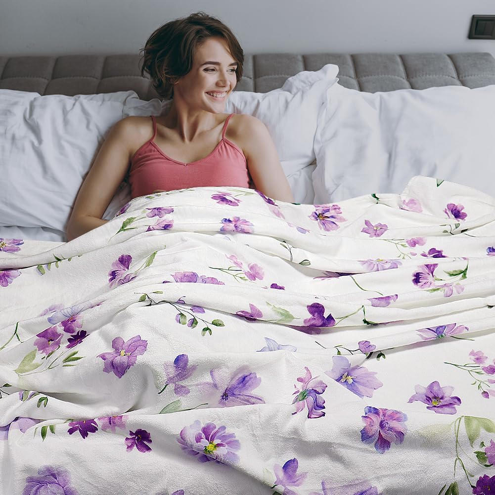 Floral Throw Blanket Purple Flowers Blanket Ultra Soft Flannel Fleece Throw Blanket Lightweight Cozy Fluffy Plush Blanket for Bed Couch Sofa 60" X 80"
