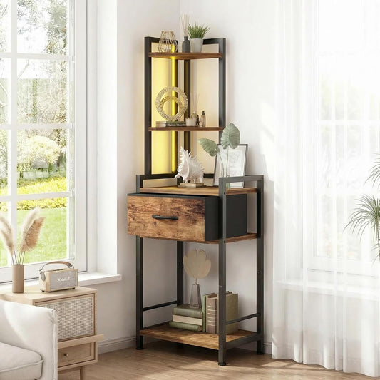 5-Tier Corner Shelf Stand with LED Lights & Fabric Drawer - Rustic Brown Freestanding Corner Cabinet Storage Organizer for Living Room, Bedroom, Office