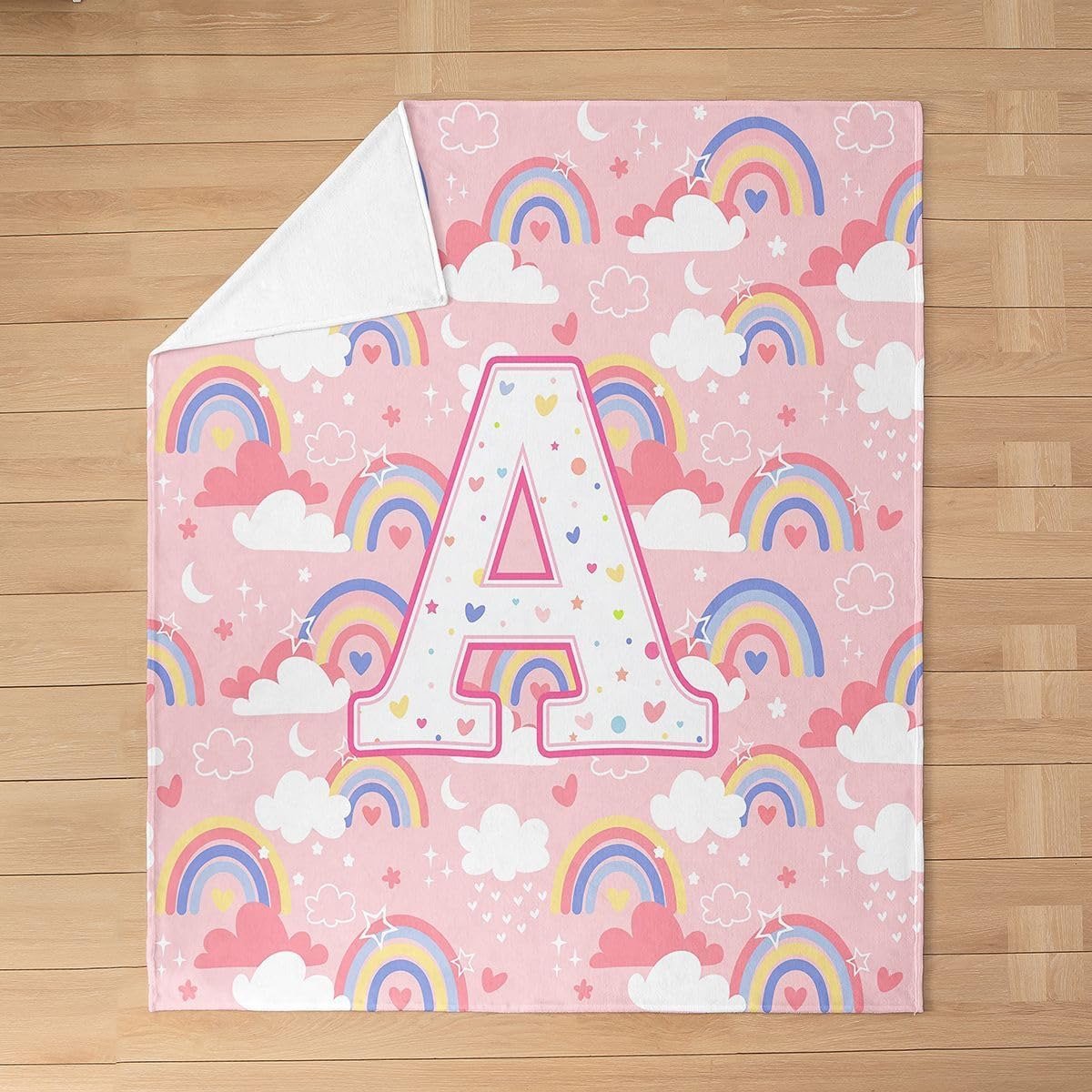 Manfei Cartoon Rainbow Clouds Print Flannel Blanket Cute Letter A Throw Blanket Kawai Girly Pink Cozy Throws for Bed Couch Sofa,Kids Boys Girls Room Decor,Soft and Breathable(50 x 60 Inches)
