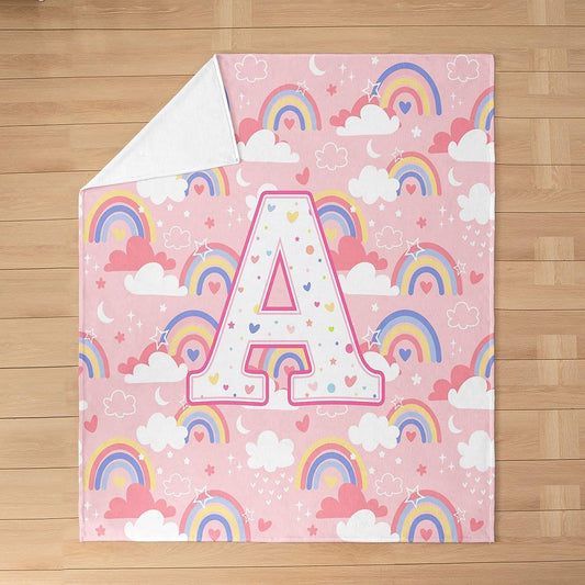 Manfei Cartoon Rainbow Clouds Print Flannel Blanket Cute Letter A Throw Blanket Kawai Girly Pink Cozy Throws for Bed Couch Sofa,Kids Boys Girls Room Decor,Soft and Breathable(50 x 60 Inches)
