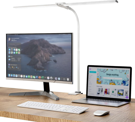LED Desk Lamp with Clamp, Double Head Desk Light for Home Office, Dimmable Desktop Light, 12W 1400lm Eye-Caring Architect Table Lamp for Workbench Monitor Computer Reading Study, White
