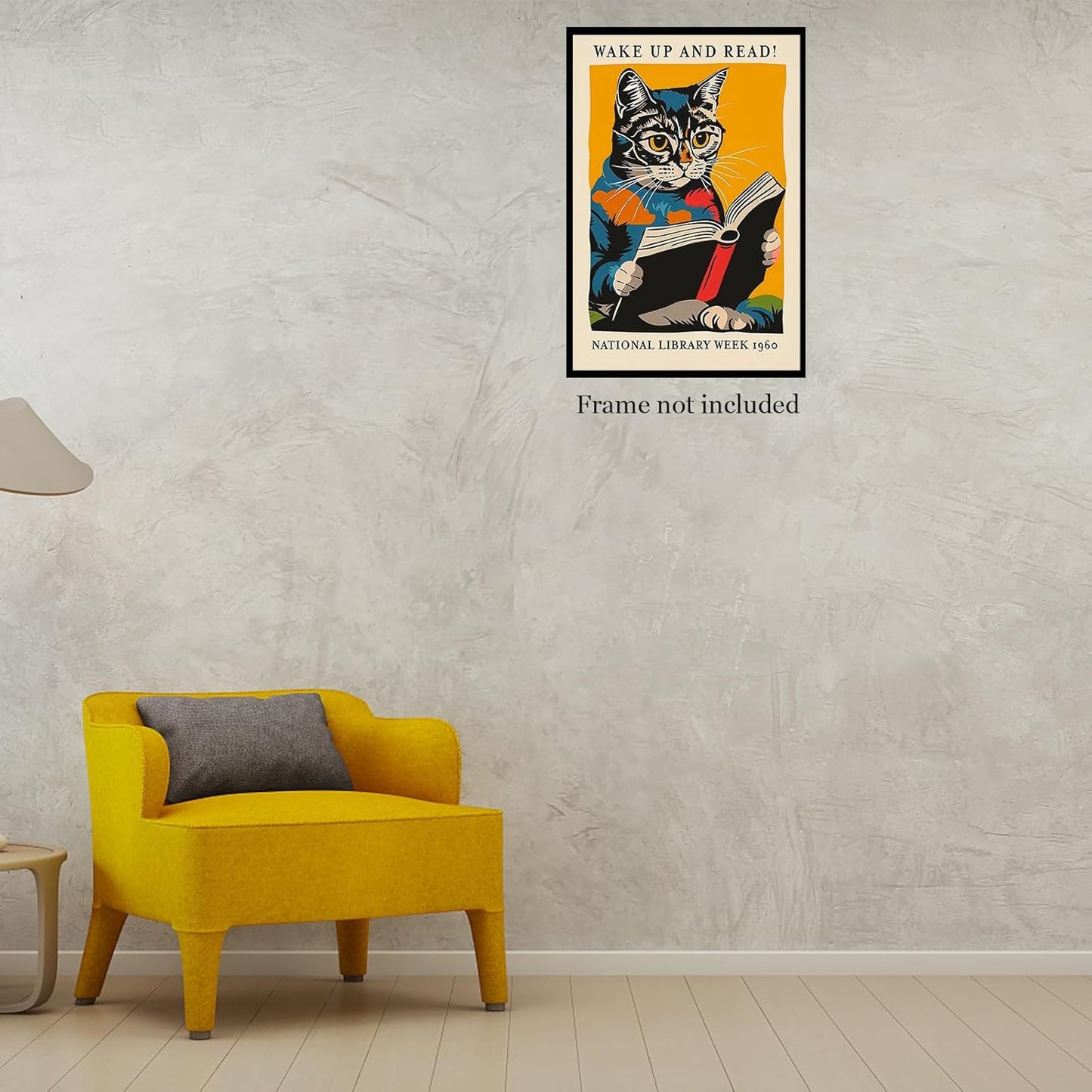 Vintage Cat and Book Poster Wall Art, Wake Up and Read Canvas, 1960 National Library Week Picture Prints Wall Decor for Book Lovers Bedroom 12x16 Inch Unframed