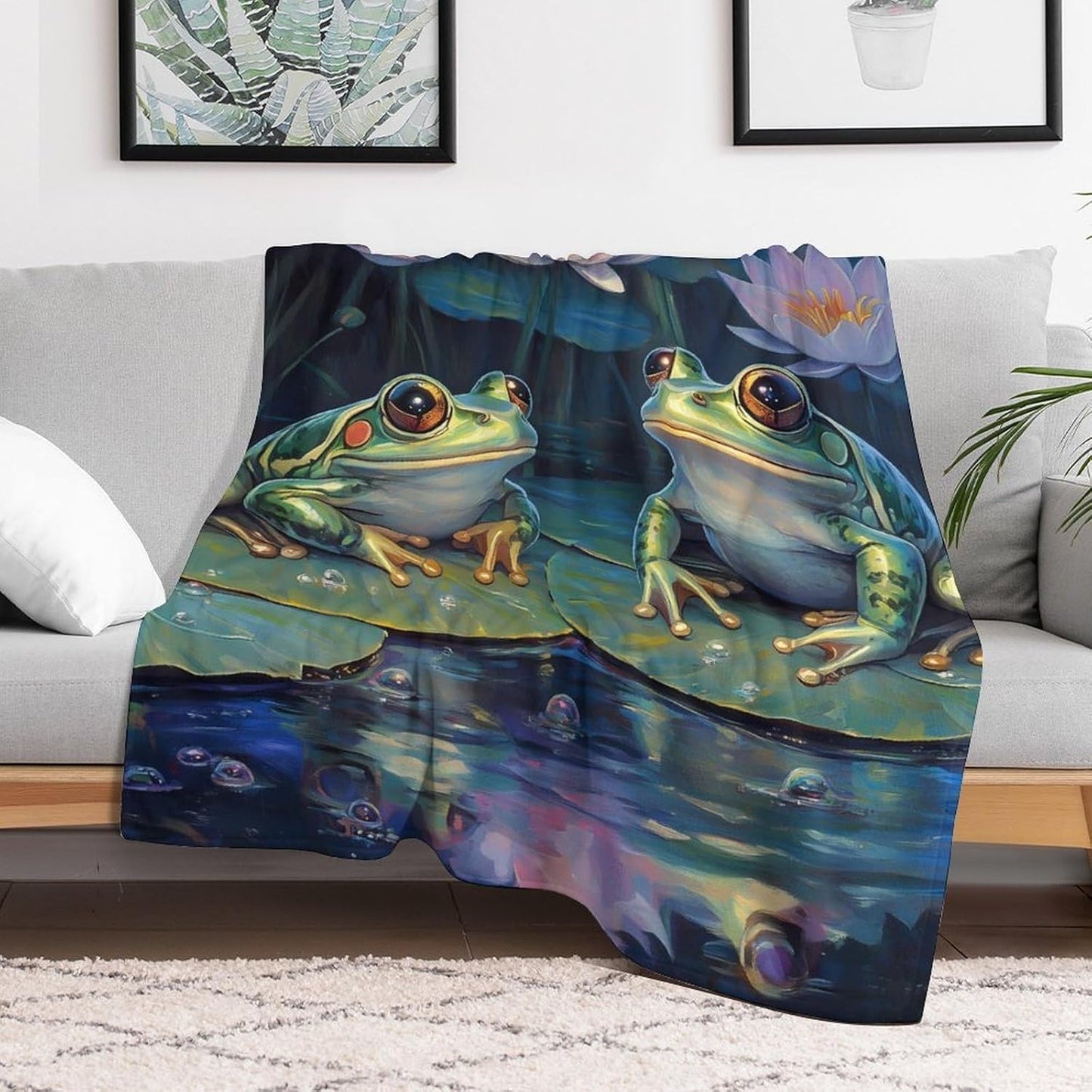 Frog Lotuses Throw Blanket for Couch Bed Plush Cozy Fuzzy Flannel Blanket for All Season 55"x70"