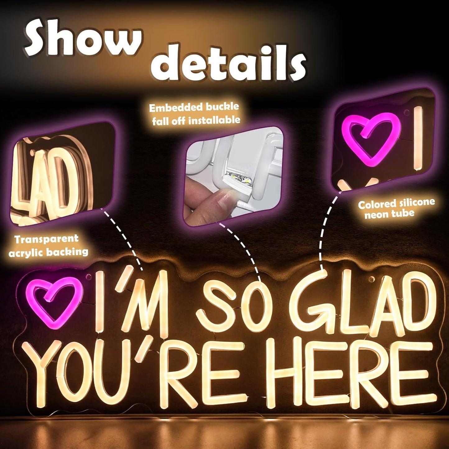 IM SO GLAD YOURE HERE Neon Sign Today for Wedding Birthday Girl Party Wall Decor, Dimmable, USB Powered, Pink Sun and Pink Heart Motivational Gift for Women