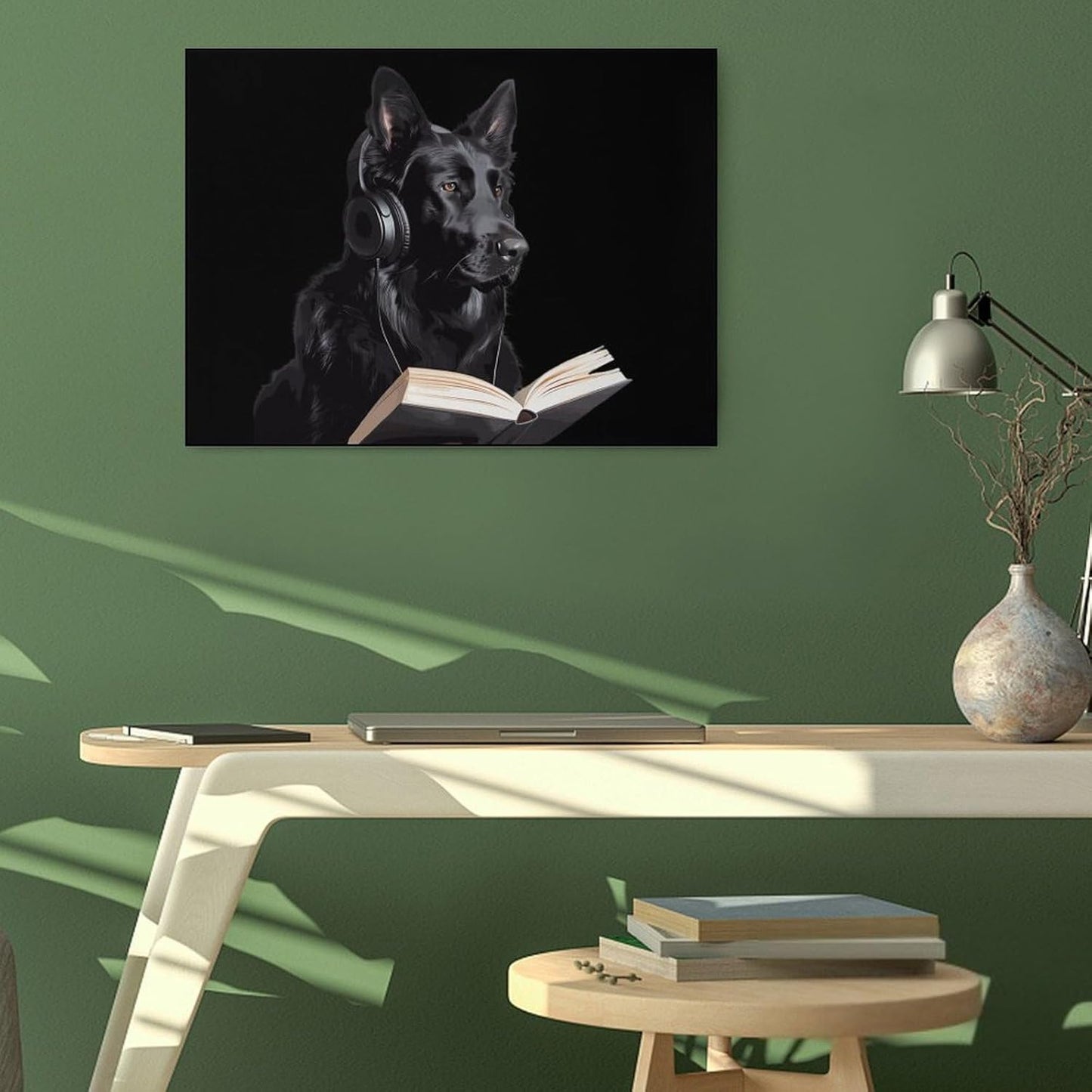 German Shepherd Wearing Headphones Reading Funny Canvas Wall Art Print Artwork Picture Painting for Home Office Decoration 12"x16"