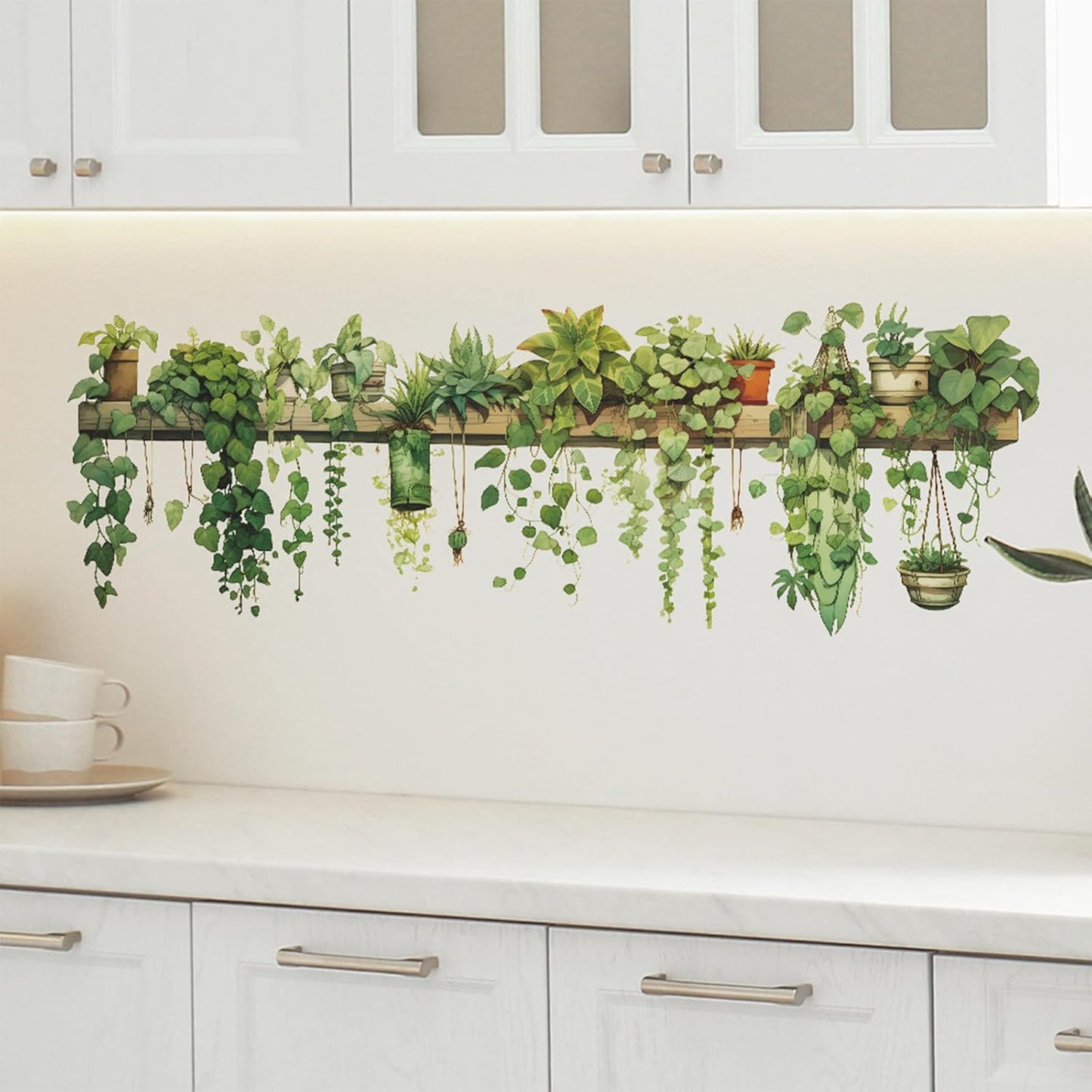 Nature Green Plants Peel and Stick Wall Decals Wallpaper, Removable Wall Decals Shelves Green Plants Vinyl Art Wall Stickers & Murals for Living Room Kitchen Bathroom Decoration (A-Green)