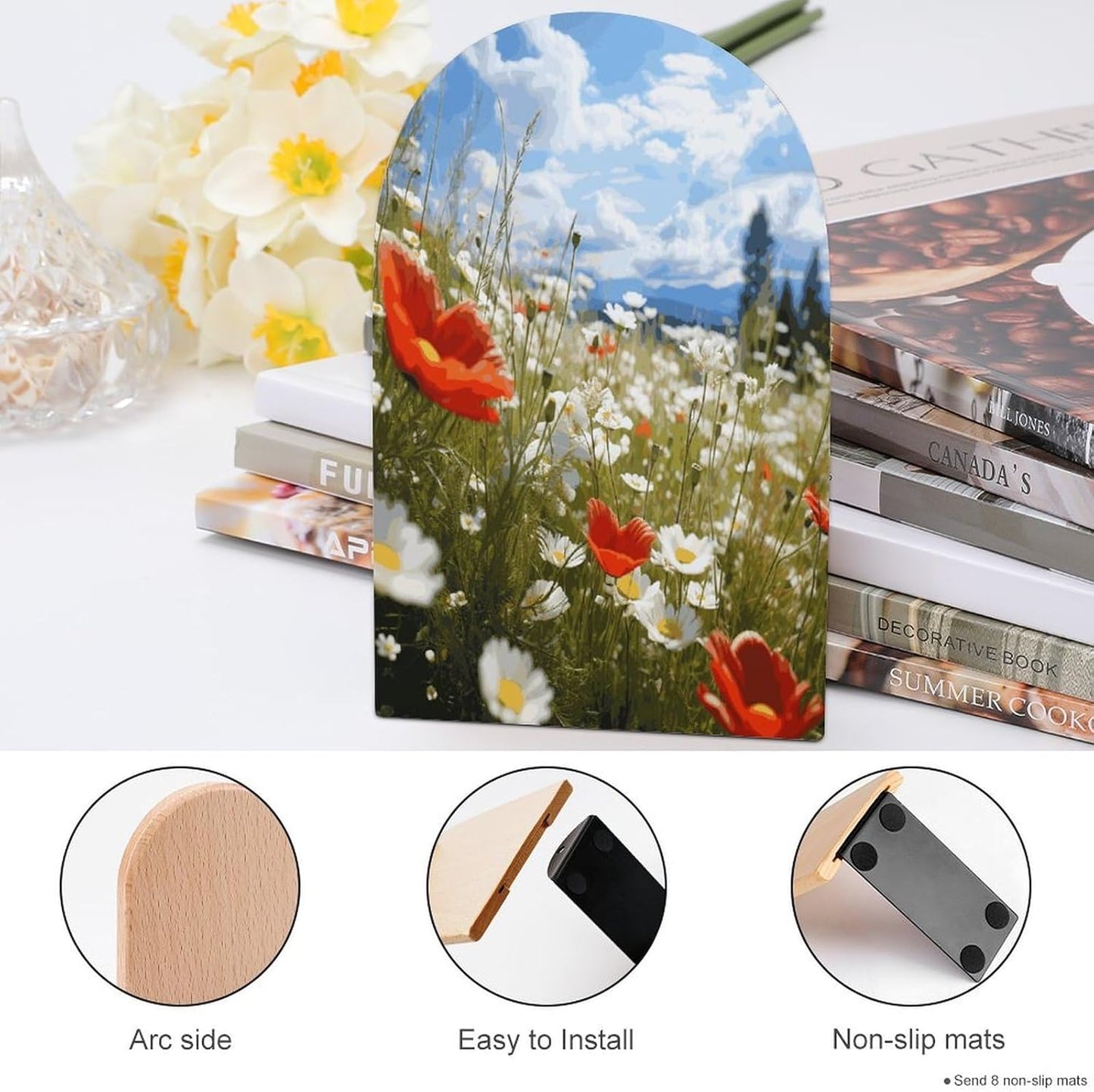 Meadow and Daisy Flowers Bookend for Shelves Wooden Book End Large Size Sturdy Book Holders Stoppers with Metal Base for Bookshelves Slick Decorative Bookends Stands