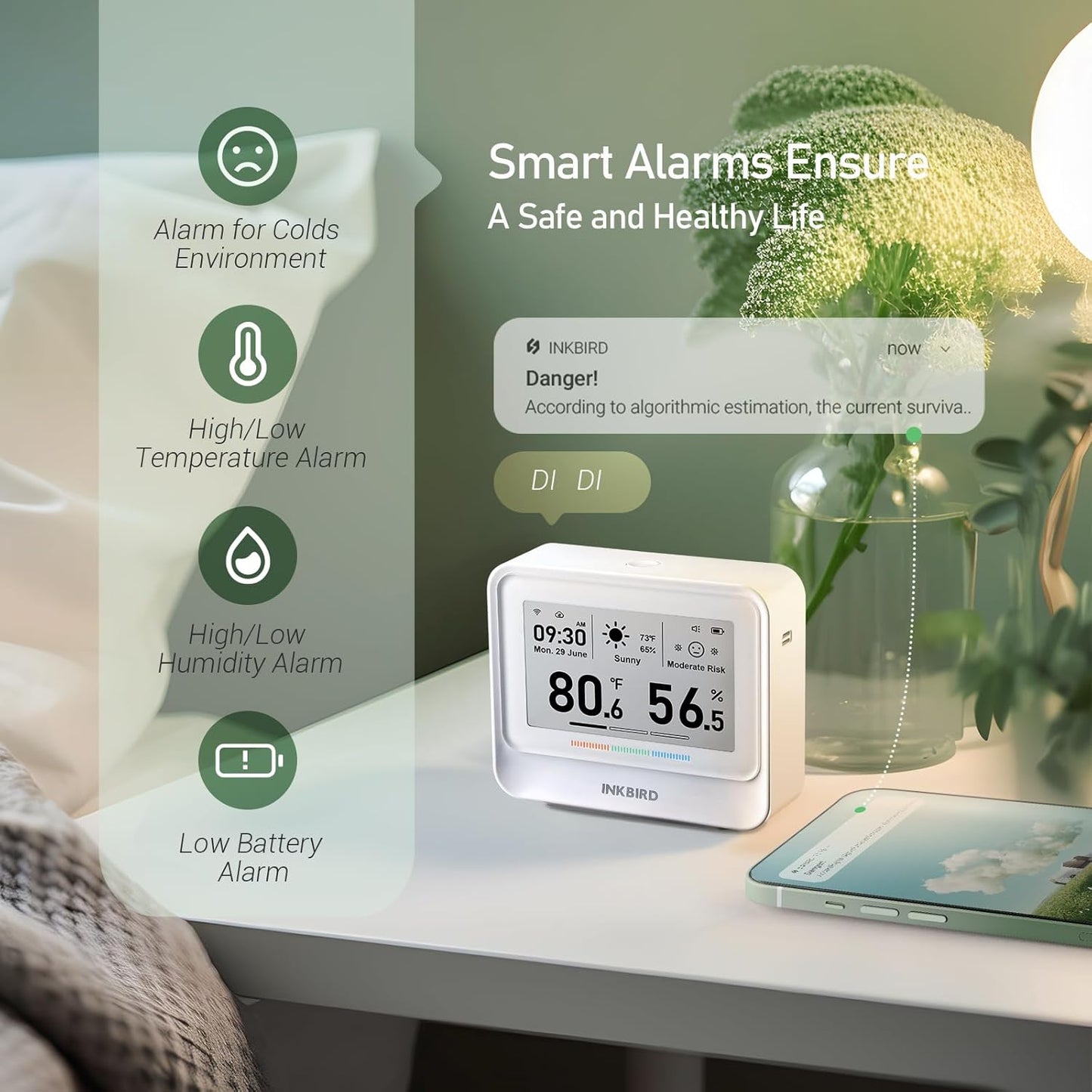 INKBIRD WiFi Thermometer Hygrometer, Temperature and Humidity Sensor with Weather Station, 9-in-1 IBS-TH5 with Electronic Ink Display, 2 Years Free Data Storage Export, Remote Monitor for Room