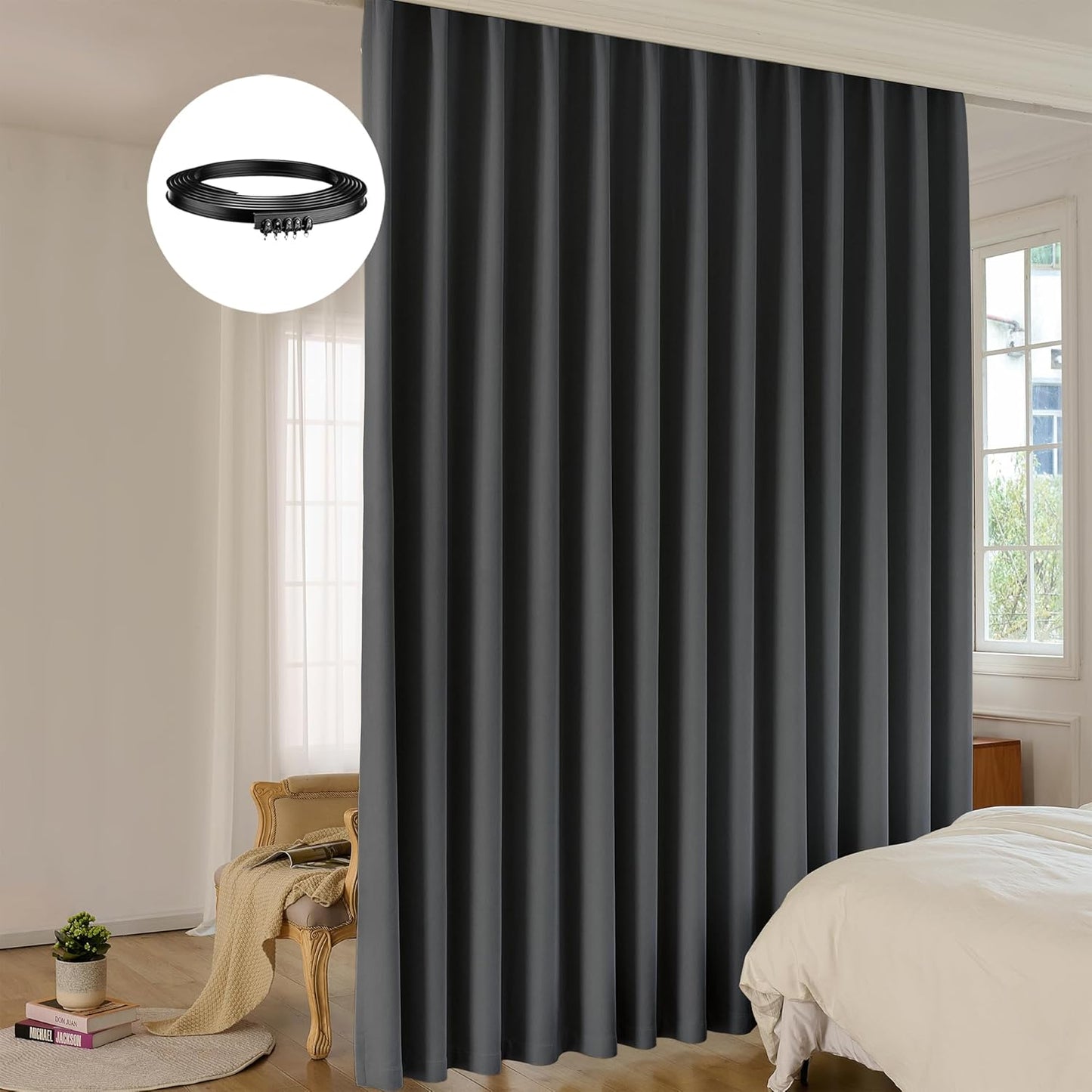 Room Divider Curtain Sets with Bendable Ceiling Track, 95% Blackout Total Privacy Ceiling Track Curtains Floor to Curtains Track Kits 8.33 ft Wide x 7 ft Tall, Black, 1 Panel