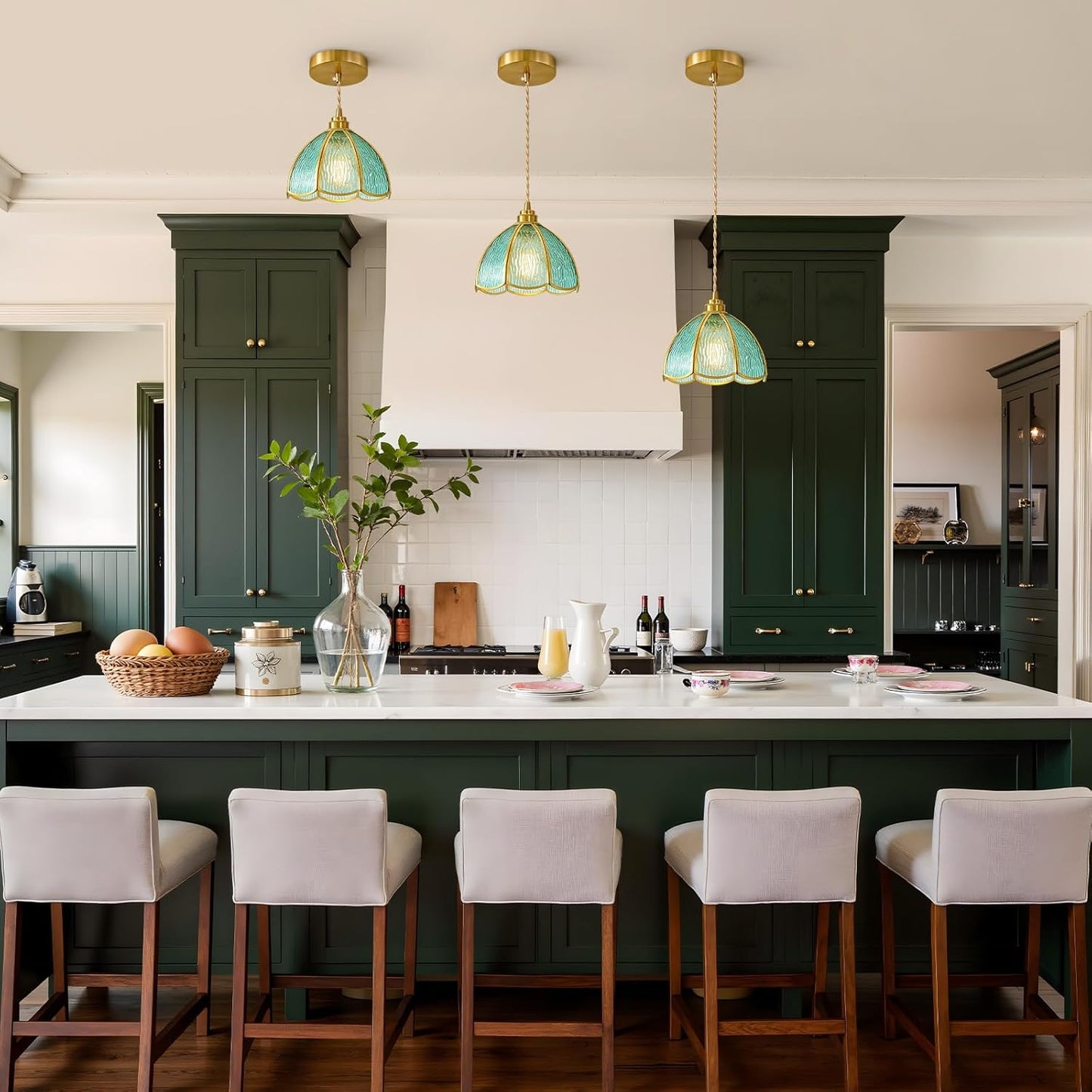 Adjustable Pendant Light for Kitchen Island with Blue Green Glass Shade - Vintage Farmhouse Hanging Light Fixture, Chandelier for Dining Room Hallway Entryway (1 Pack