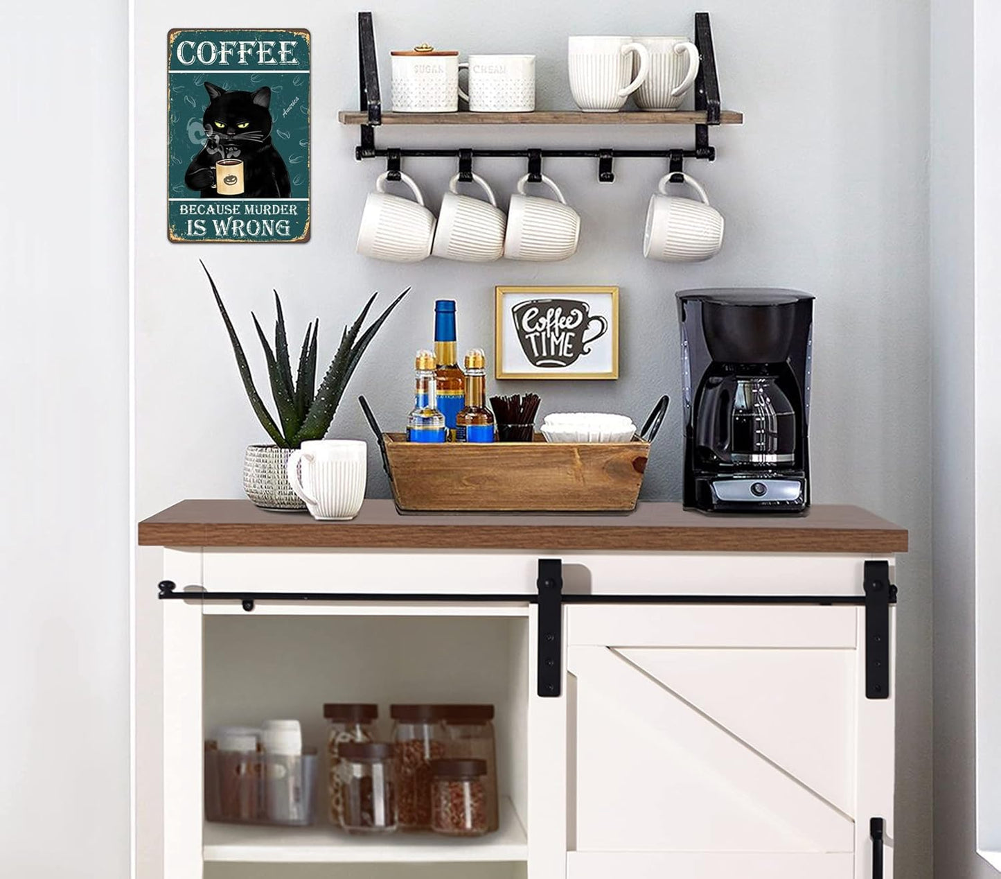 Bestylez Funny Black Cat Signs - Coffee Lovers Kitchen Decor, 12 x 8 Inch (912)
