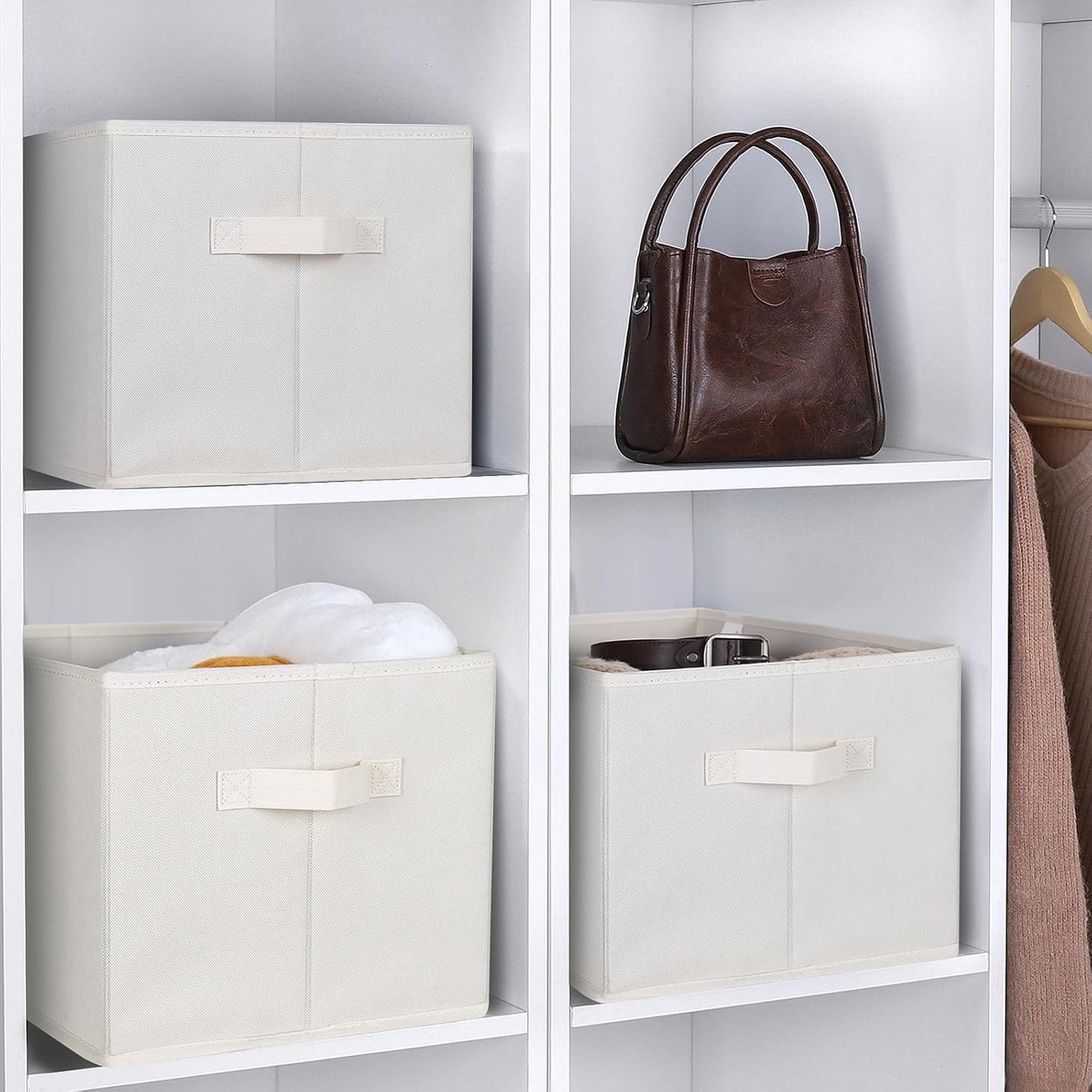 WUIKE 3 Pack Extra Large Fabric Storage Bins, Beige Foldable Closet Organizer Boxes for Clothes, Sheets and Blankets