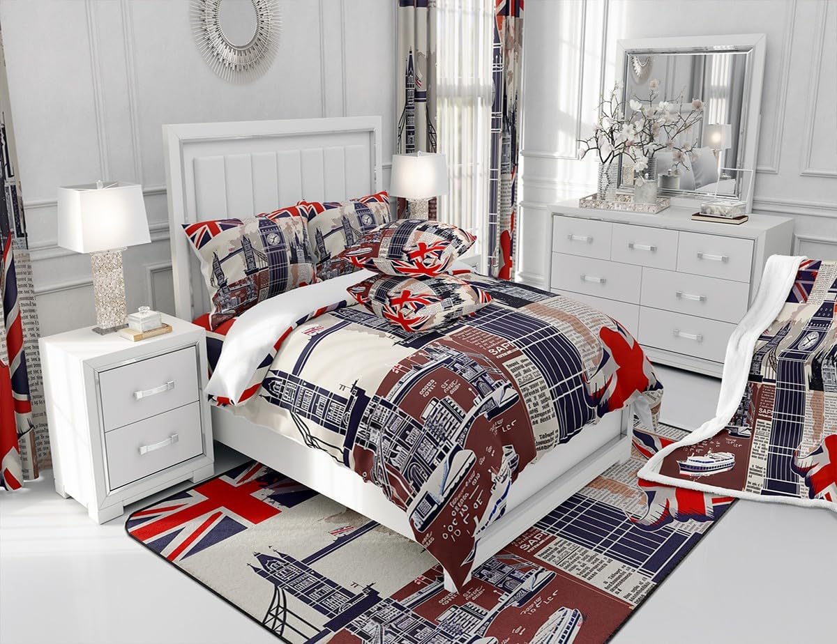 Manfei London Throw Blanket Telephone Booth Big Ben Bus Print Bed Blanket for Kids Boys Teens, British Flag and Map Print Fleece Blanket Modern City Cozy Fuzzy Blanket, Queen Size (90 x 90 Inches)