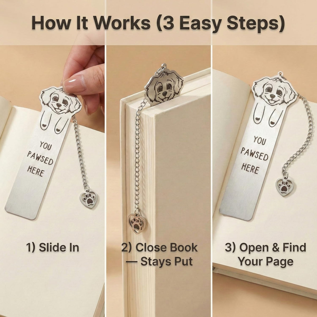 Dog Bookmark for Women Readers, Cute Stainless Steel Metal Bookmark with Paw Charm, “You Paw-SED Here” Gift for Dog Lovers & Dog Moms, Page-Friendly Bookmarks for Reading