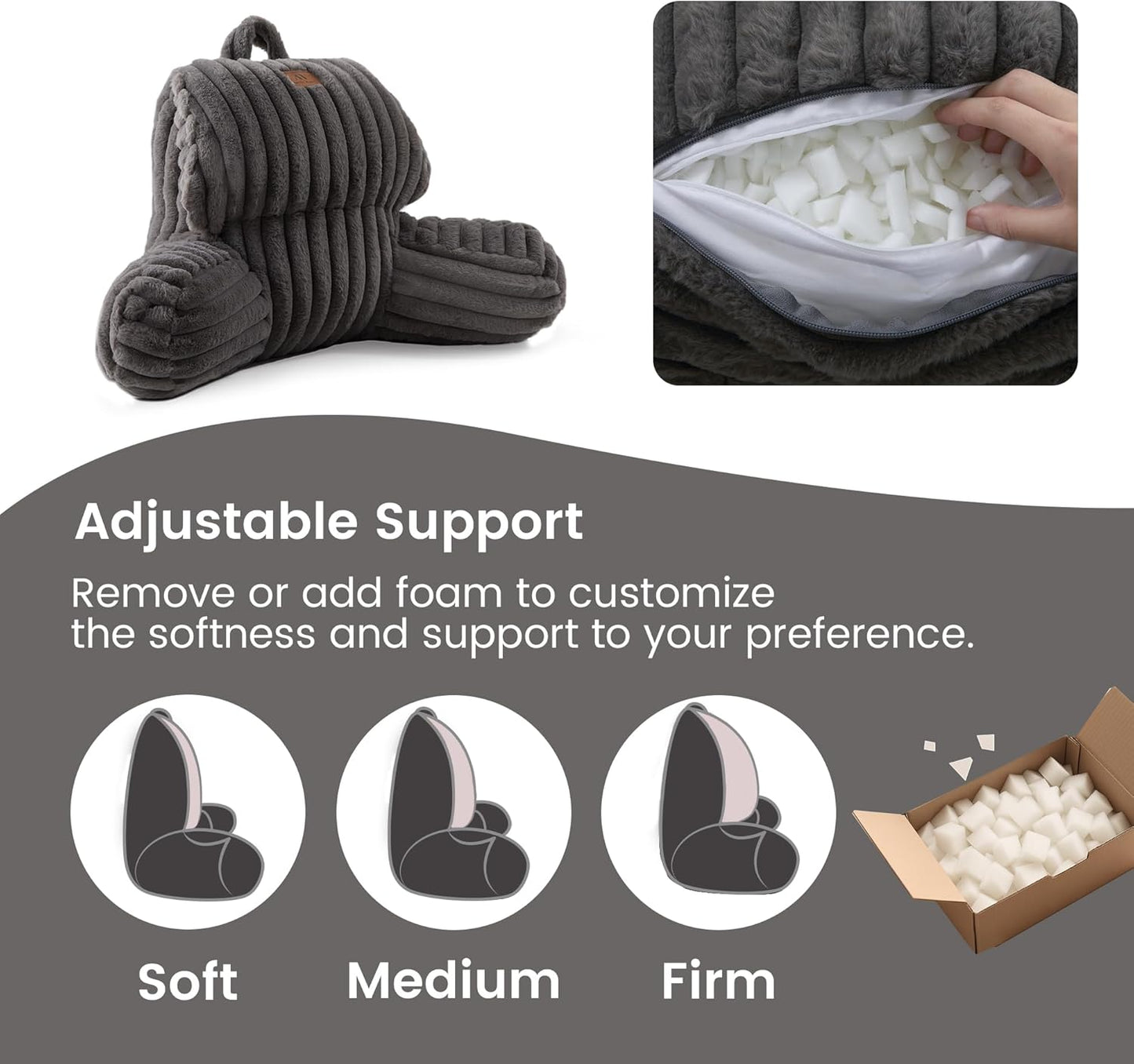 Amélie Home Faux Fur Reading Pillow with Pocket for Sitting in Bed, Kids Backrest Bed Pillow with Washable Cover for Lounging, Watching TV/Reading/Gaming/Resting/Post/Surgery/Nursing, Grey 17 inches