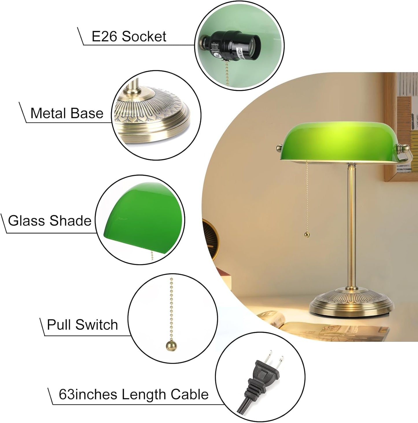 Bankers Lamp, Green Desk Lamp with Brass Finish, Classic Table Lamp with Pull Switch for Home, Office, Study (Green)