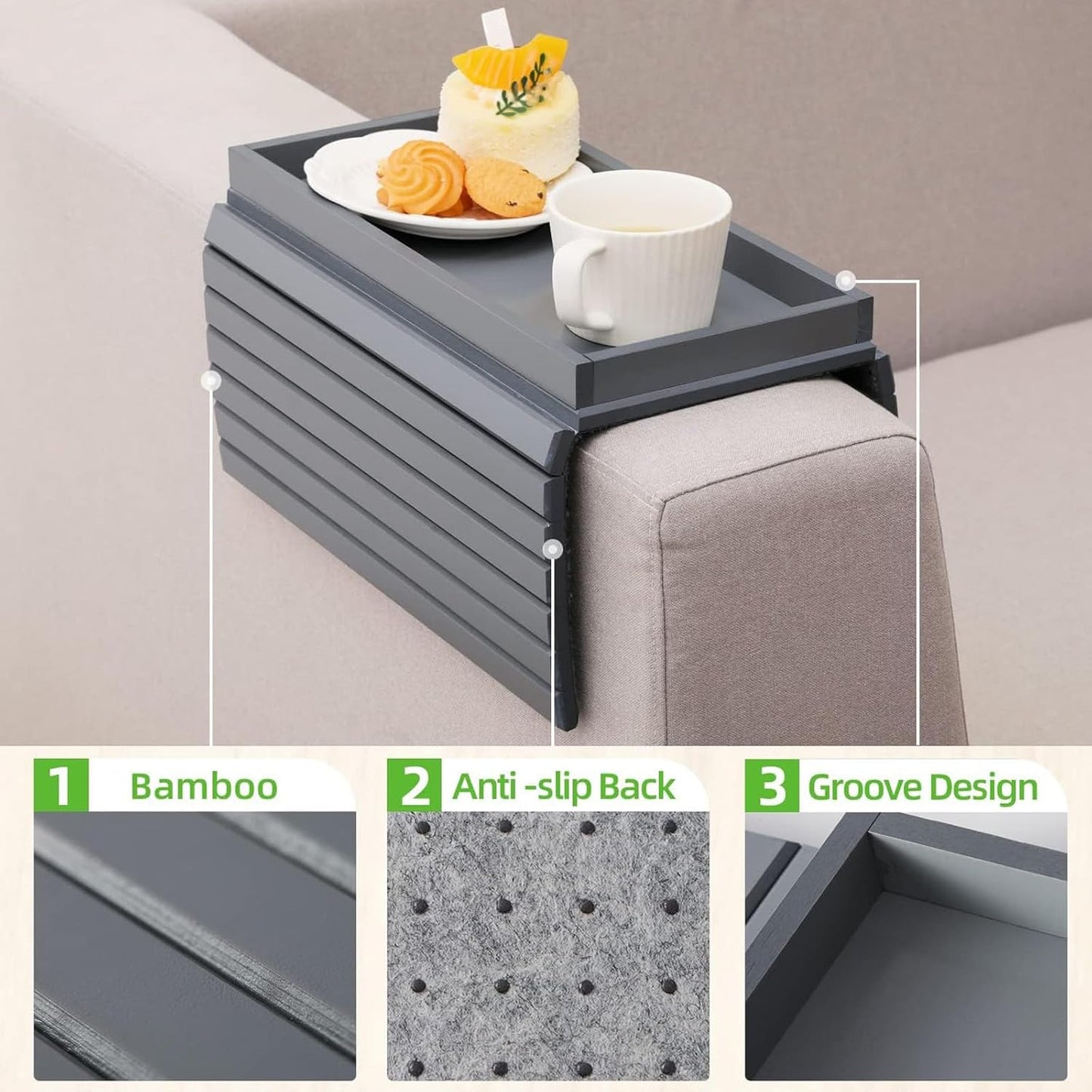 LESSF Couch Armrest Table, Bamboo Couch Arm Tray Sofa Arm Trays with Cup Mats, Anti-Slip Arm Chair Table Trays Sofa Side Table Sofas Arms Tables for Remote Control, Drinks, Phone, Cups (Grey)