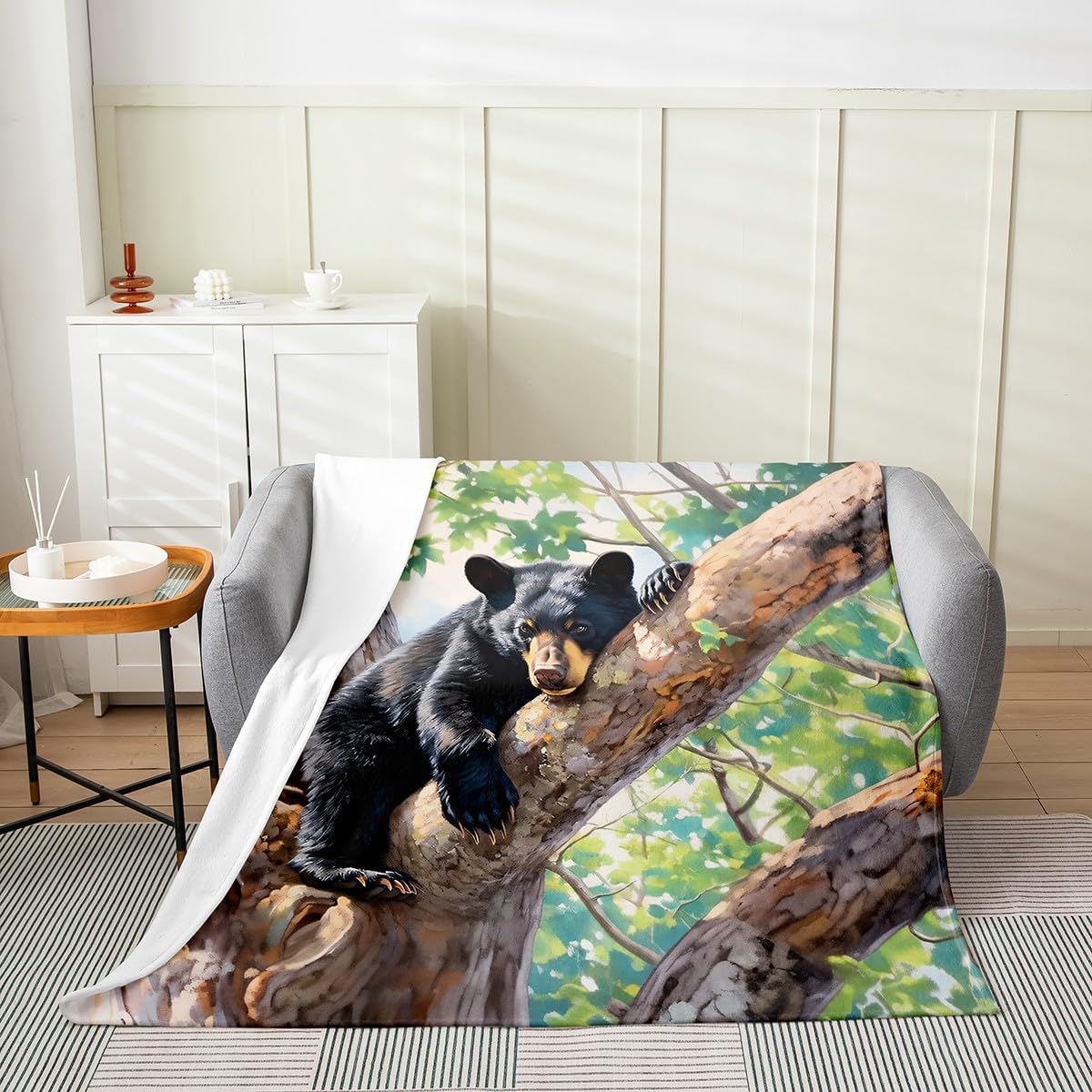 Feelyou Bear Flannel Fleece Throw Blanket for Kids Boys Girls Wild Animal Plush Blanket Queen 90"x90" Rustic Cabin Country Fuzzy Blanket Decor Nature All Season Blanket Tree Branches