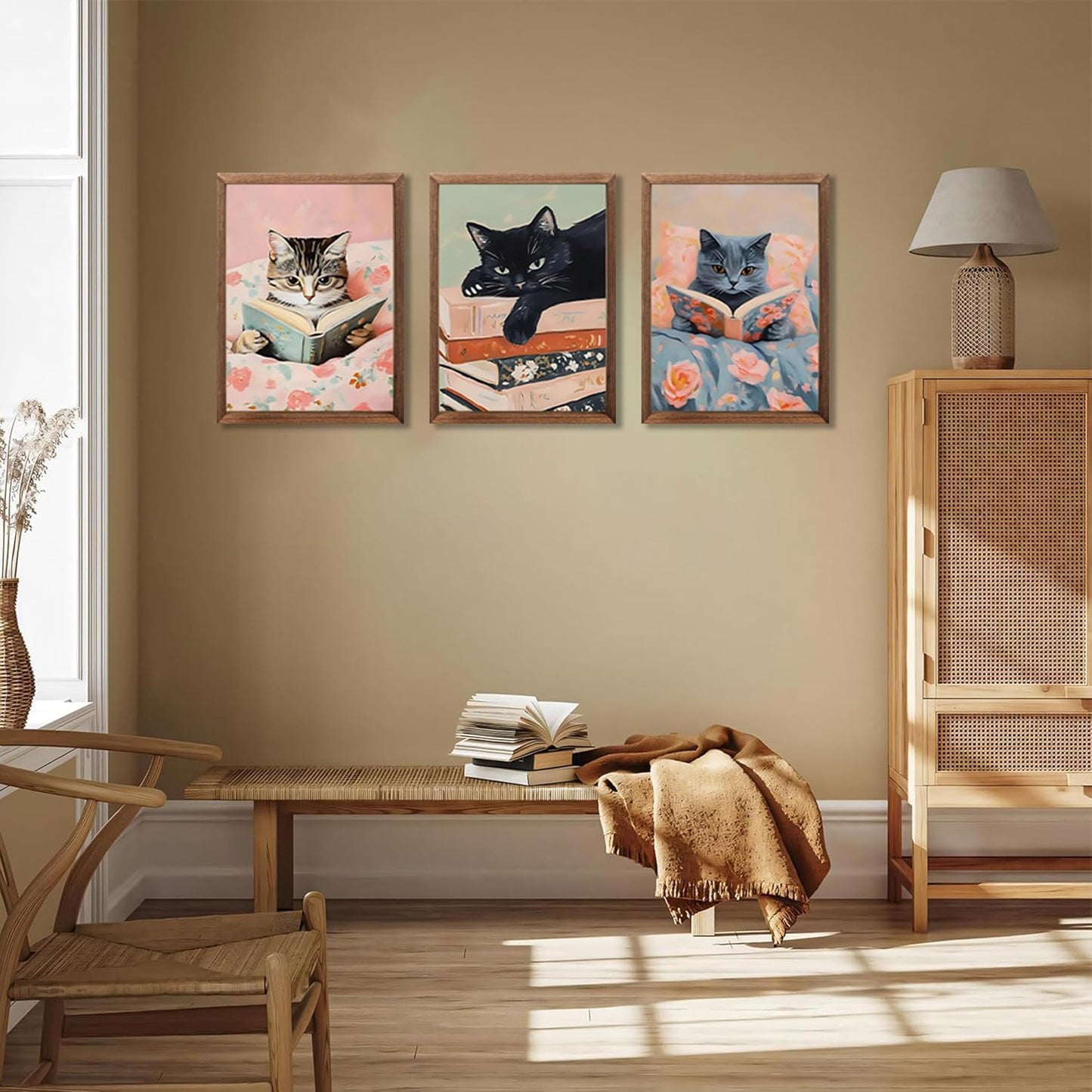 Chmylon Wall Art Set of 3,Cute Reading Cats Canvas Wall Decor, Funny Animal Book Art Prints, Pink Aesthetic Wall Artwork for Girls Room Bedroom Kids Room Living Room Bathroom Decor 12x16In Wood Framed