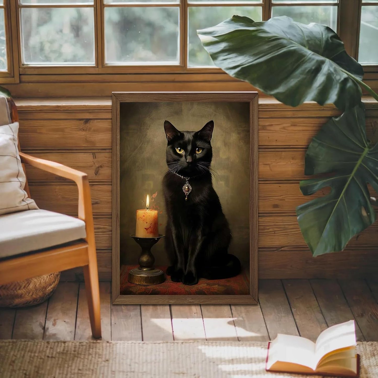 Framed Black Cat Wall Art with Dark Wood Frame – 12x16 Inch Gothic Vintage Cat Canvas Print – Witchcore Witch Aesthetic Painting for Bedroom, Living Room – Dark Academia Decor Poster for Cat Lovers