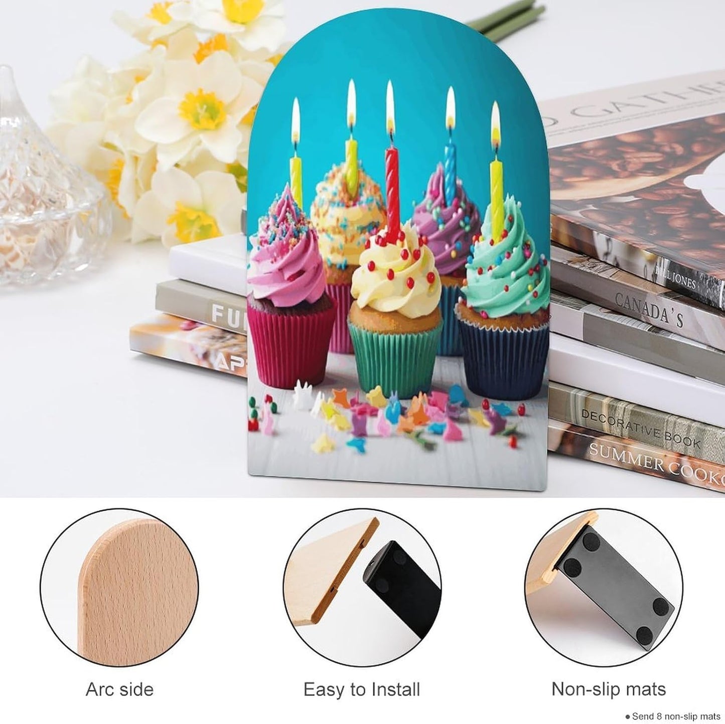 Non-Slip Bookend for Shelves Colorful Happy Birthday Cupcakes Wooden Bookends with Metal Base Decorative Book Stopper for Home Heavy Duty Wood Book Storage for Books/CDs