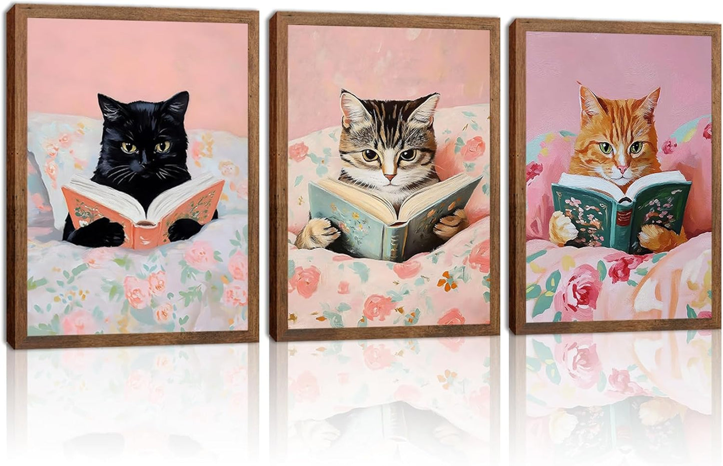 Cute Cat Wall Art Set of 3, Vintage Funny Black Cat Book Canvas Wall Decor, Pink Animal Reading Books Picture Print for Boby Room Bedroom Living Room Home Decor 12x16 Wood Framed