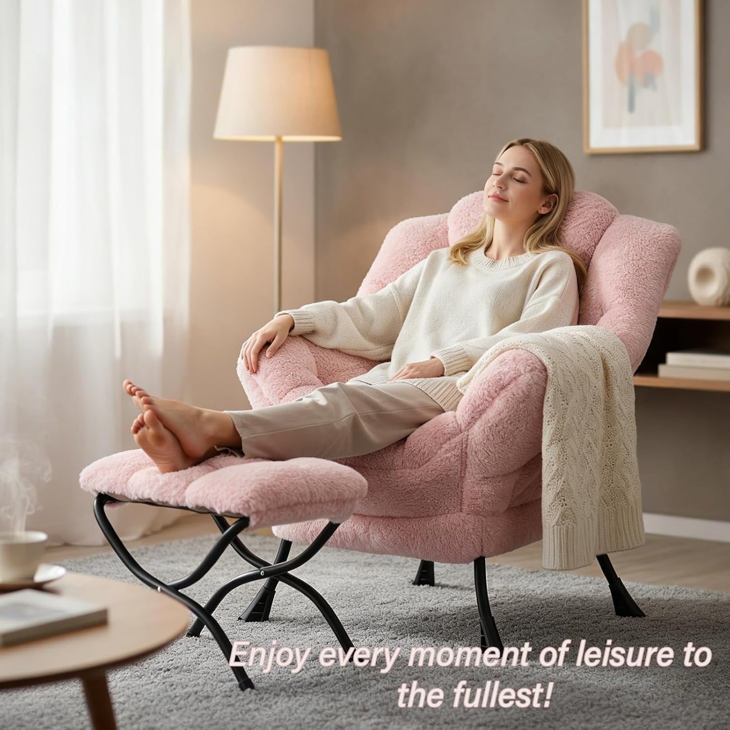 Lazy Chair and Ottoman, Large Contemporary Plush Pink Accent Chair with Side Pocket, Modern Leisure Upholstered Reading Armchair with Footrest for Office, Bedroom, Living Room, Dorm, Balcony