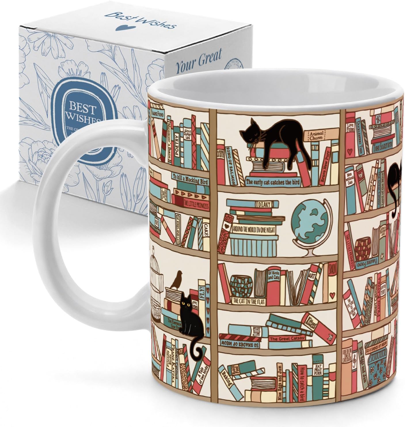 Cat Book Coffee Mug Gifts for Book Lovers Readers, Library Bookshelf Cup for Librarian Bibliophile, Bookworm Club Gifts for Friends - Reading Writer Women Black Coffee Cup 11oz