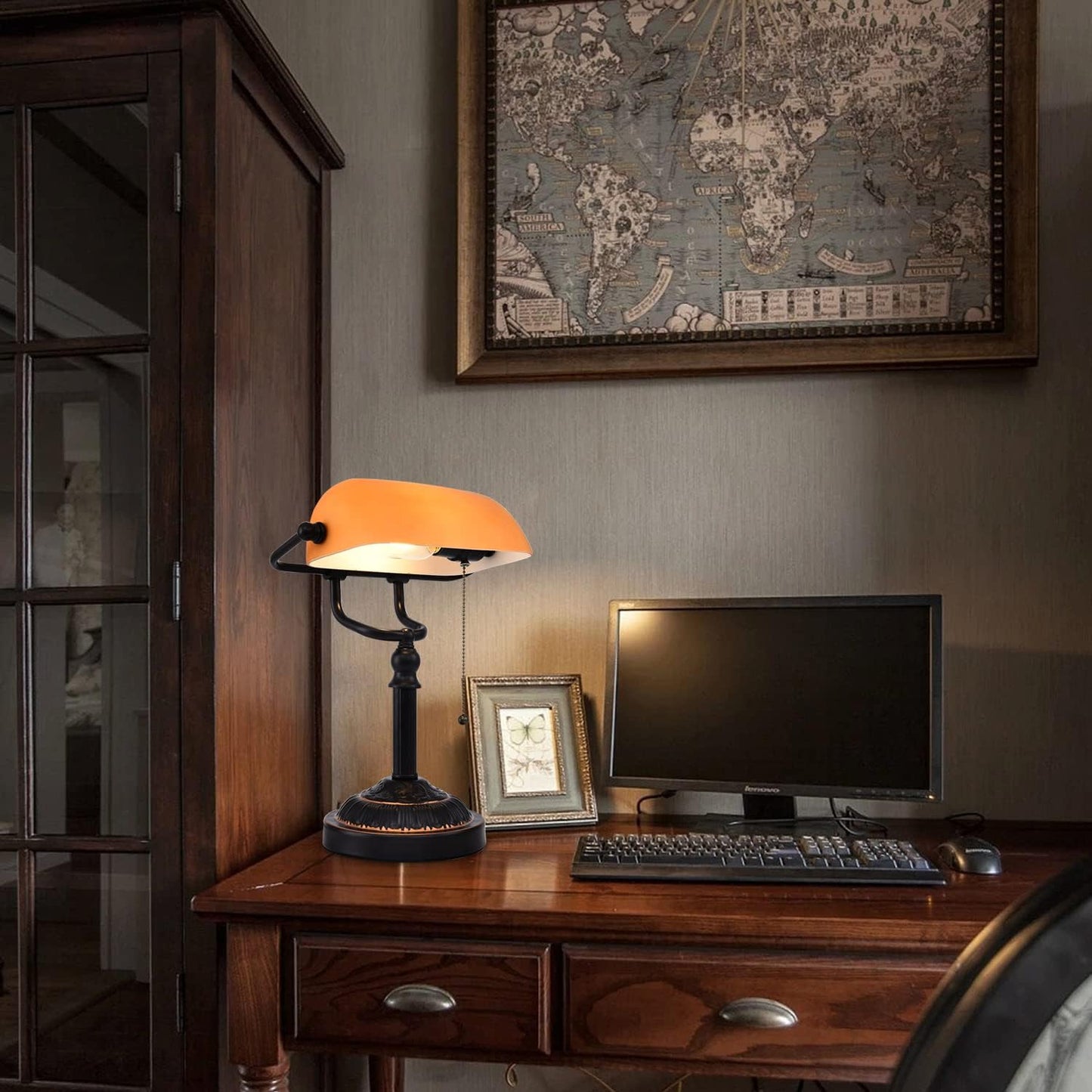Rustic Banker's Desk Lamp Pull Chain, Traditional Bankers Desk Lamp with USB Port, Vintage Farmhouse Table Lamp for Home Office Library