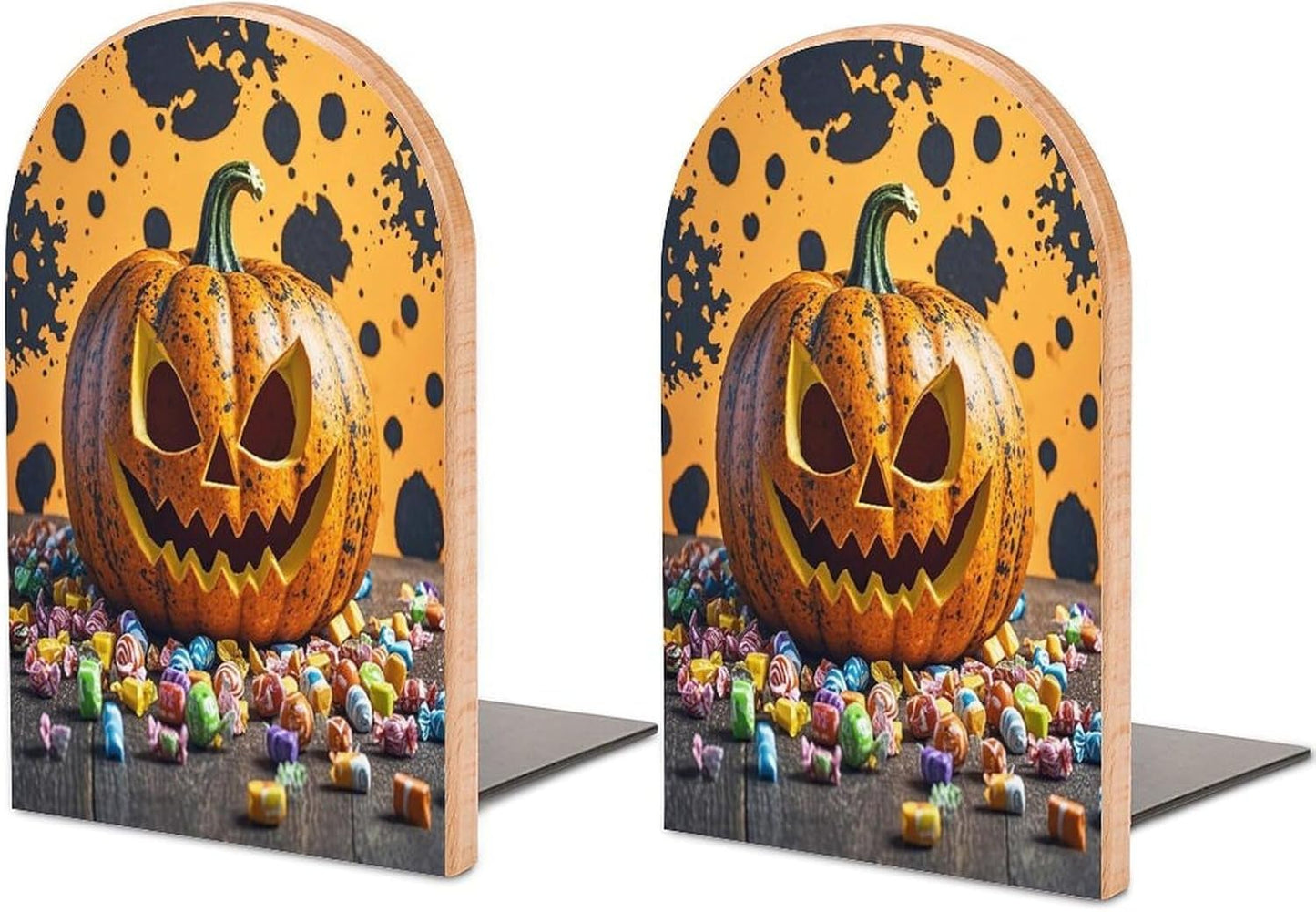Pumpkins and Candies Bookends 1 Pair Heavy Duty Book Ends for Shelves Non-Skid Bookend Supports Wooden Book Holders with Metal Base Desk Organizers Books Storage to Hold Books