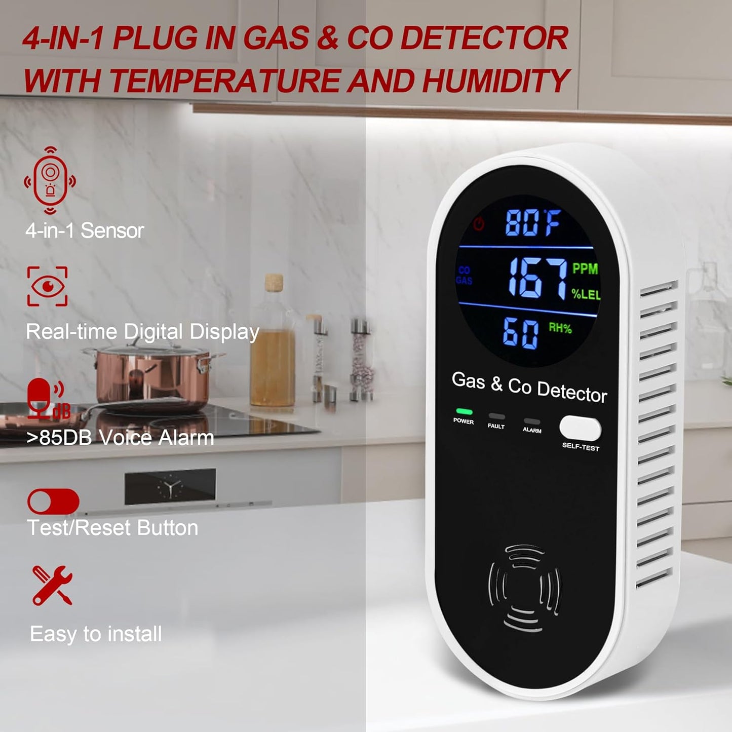 2 Packs Combination Natural-Gas and Carbon-Monoxide-Detector,Koabbit 4-in-1 CO/LPG/LNG Explosive Gas Detector Alarm with Temperature(°F) & Humidity for Home,RV,Hotel,Apartment