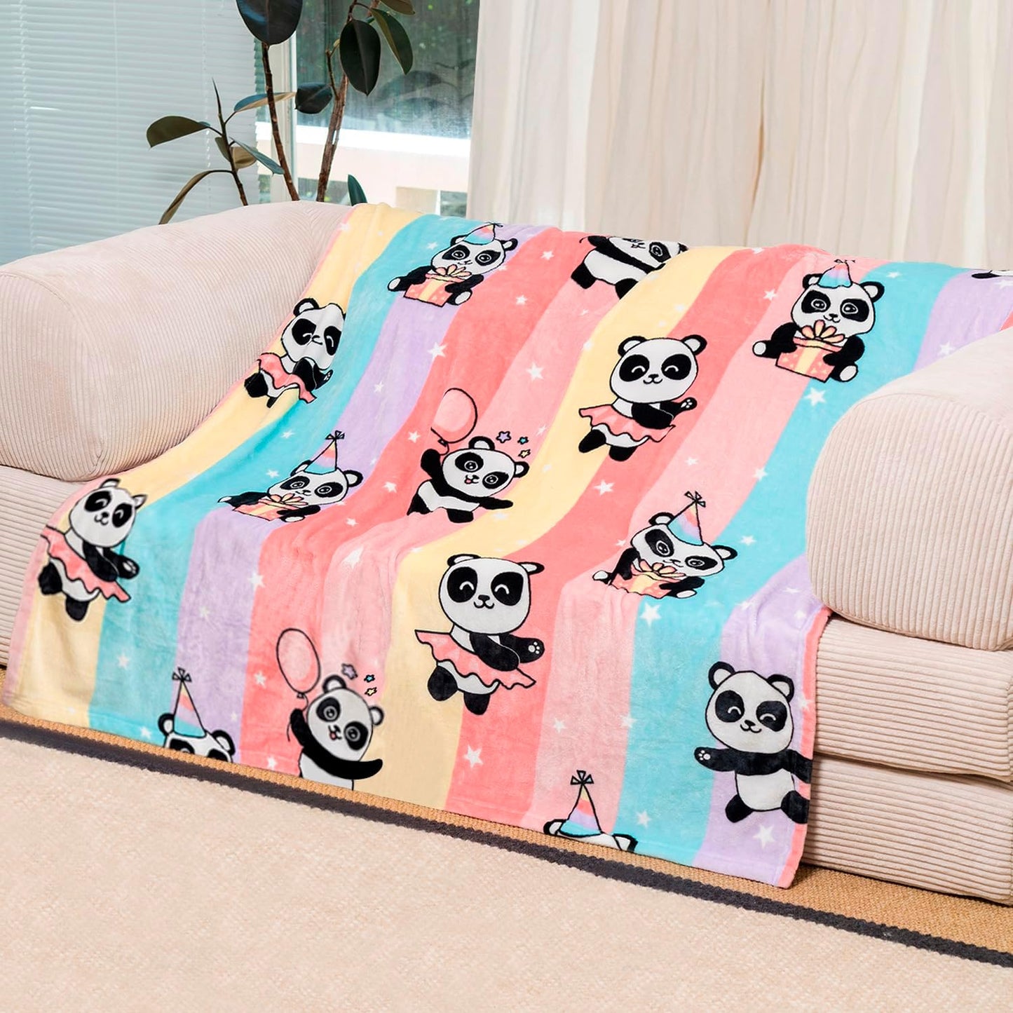 Panda Blanket with Rainbow Stripes, Soft and Warm Throw for Couch Sofa and Bed, Gifts for Girls Kids, 60 x80 Inches