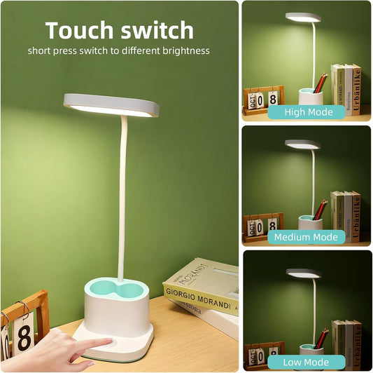 LED Desk Lamp for Home Office Bedroom, 3 Color Modes Dimmable Reading Light with USB Charging Port, Rechargeable Study Lamp for Kids Student with Pen Holder, Table Light 360°Adjustable Arm