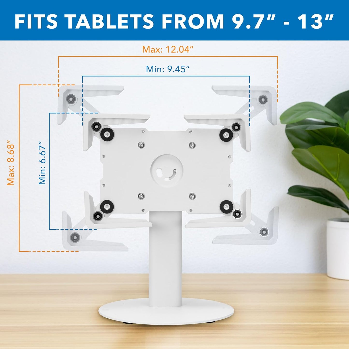 Mount-It! Universal Tablet Stand with Tilt, Anti-Theft Retail iPad POS Kiosk Stand, Fits 9.7"–13.1" Tablets, 90° Rotation & 180° Tilt, 20 lb Capacity, Steel Countertop Mount, White