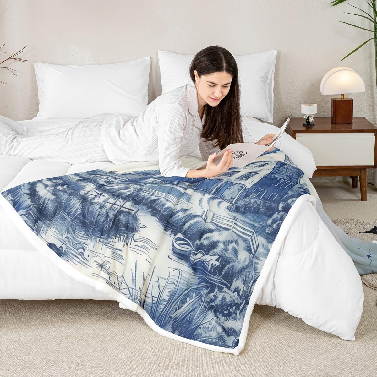Erosebridal Vintage Dutch Windmill Plush Blanket Throw 50x60 Delft Blue Farm Throw Blankets Rustic Farmhouse Blanket