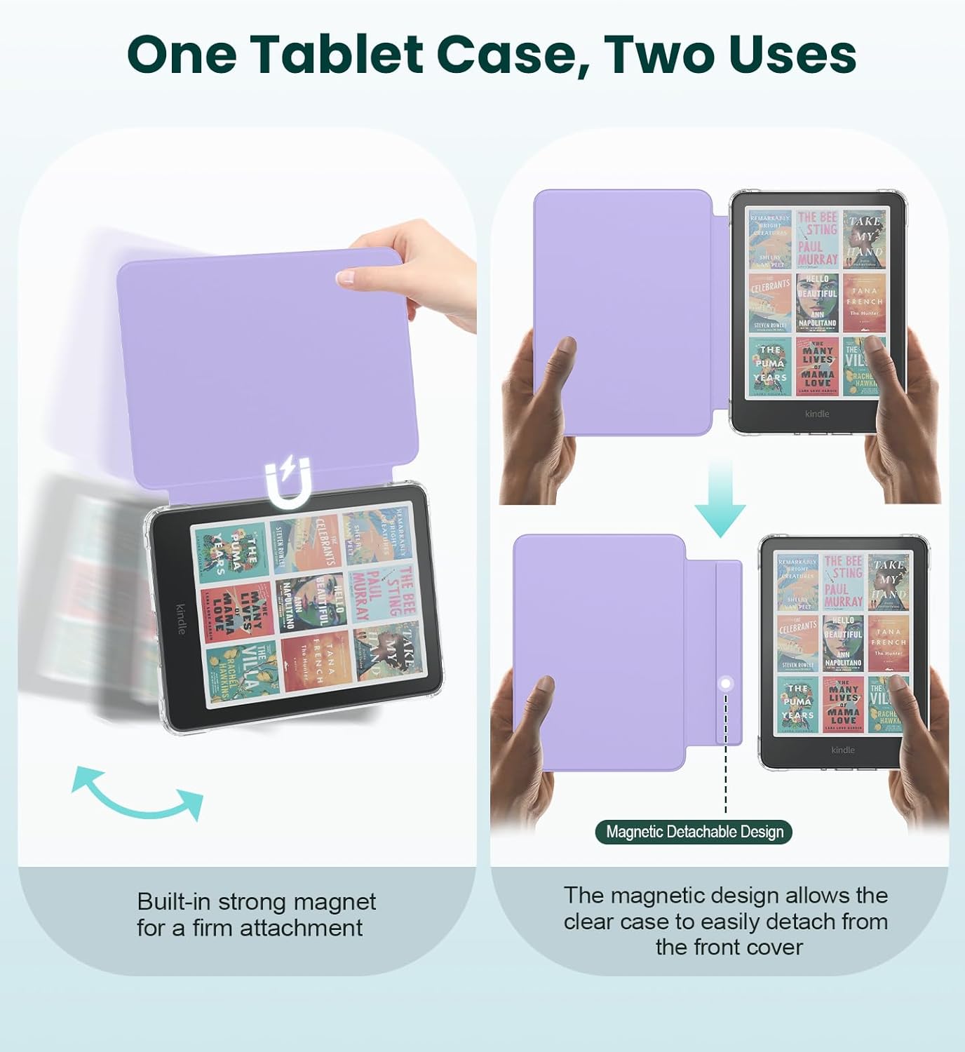 MoKo Detachable Magnetic Case for All-new 7" E-Reader 12th Generation 2024 & Color 2024/2025, Ultra Clear Back Scratch-Proof Light & Shell Cover with Auto Wake/Sleep, Not fit BOOX & Kobo, Lilac