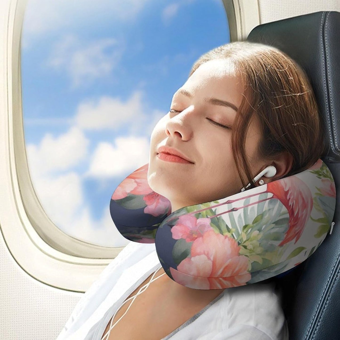 Flamingos and Flowers Neck Pillow Memory Foam U Shaped Pillows Portable Pillows for Shoulder Travel Head Support Pillow with Concealed Zipper for Airplane Car Home Office